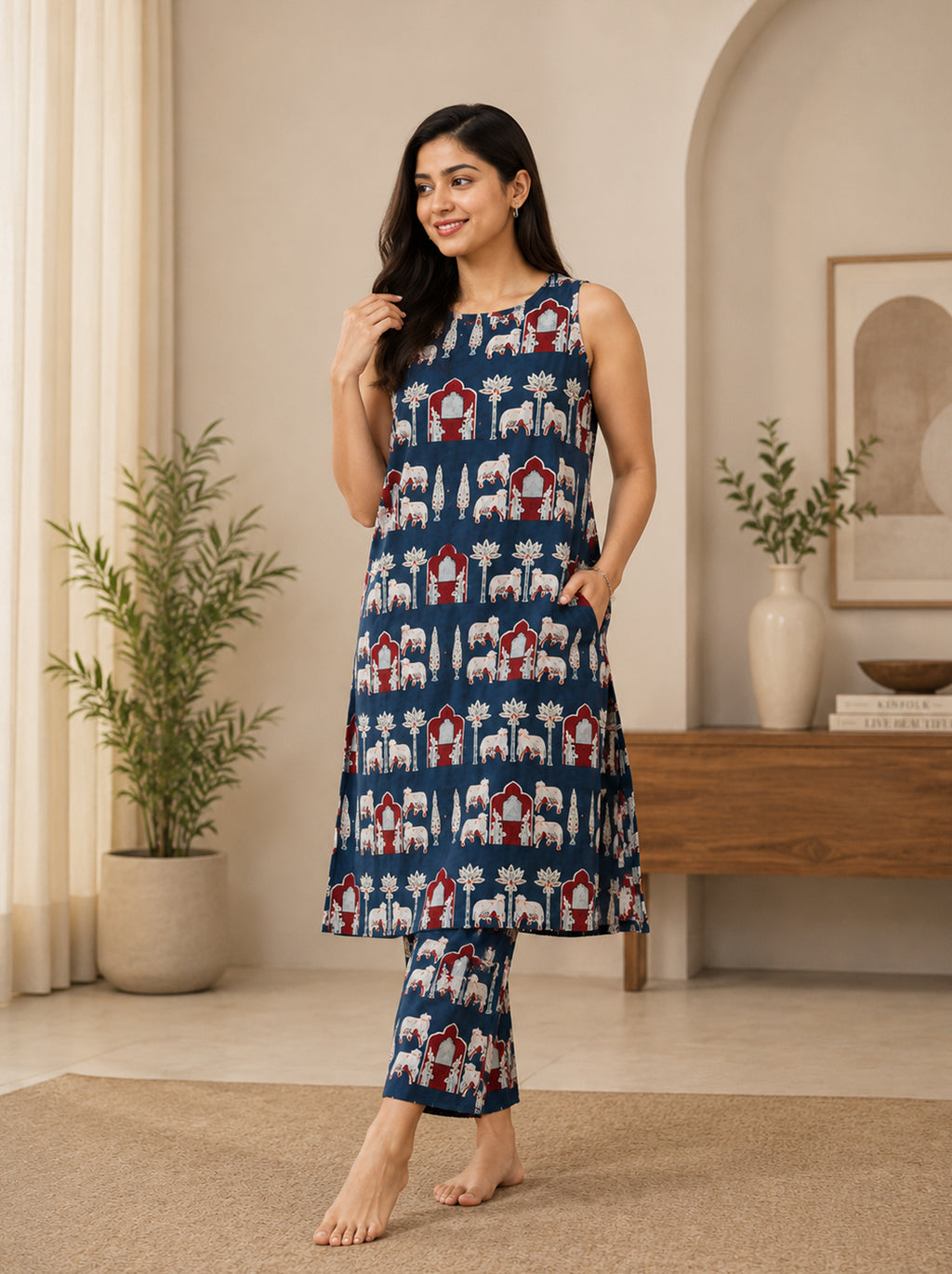 Classic Indigo Ethnic Halter Neck Kurti Set