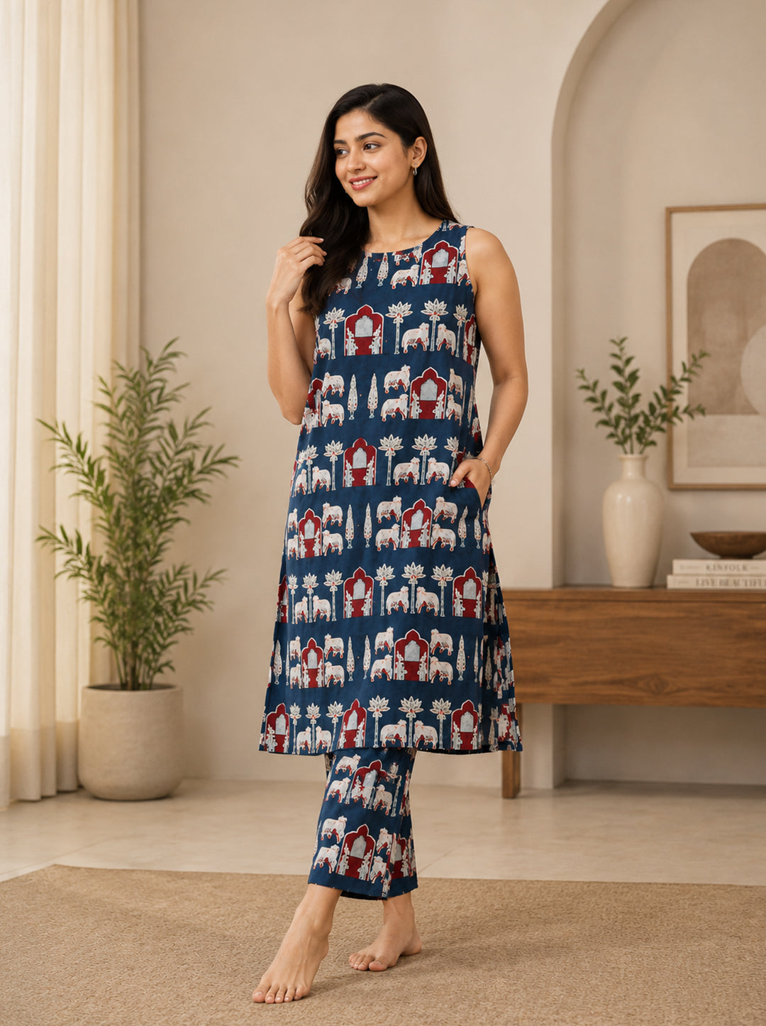 Classic Indigo Ethnic Halter Neck Kurti Set