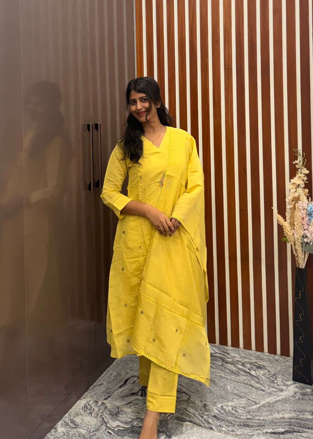 Butter yellow Mulchanderi Hand Embroidery Threadwork 3-Piece Set