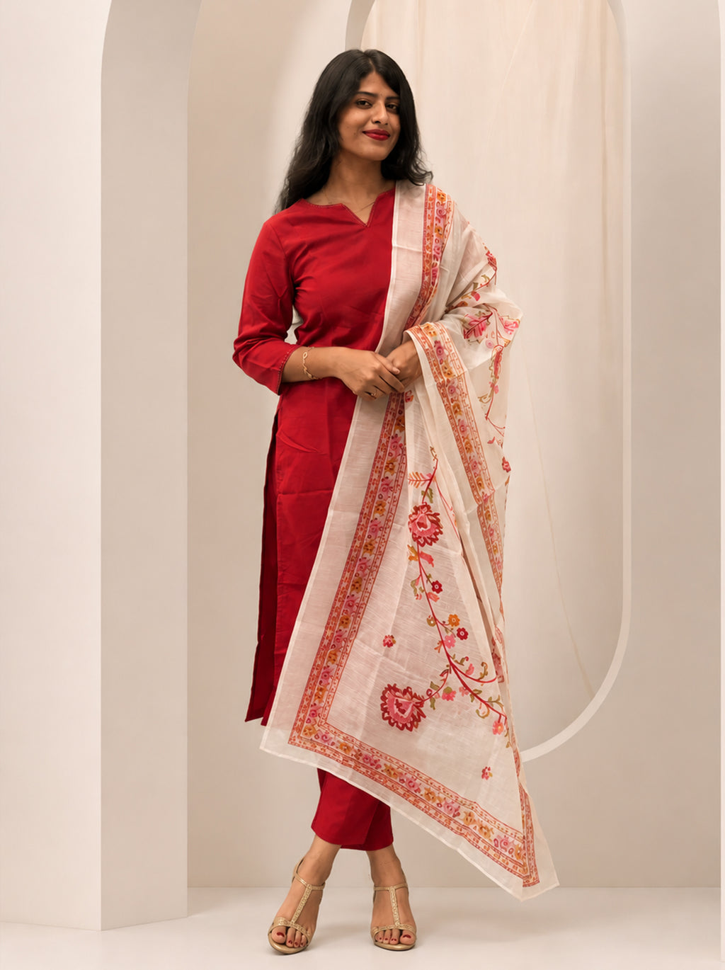 Brick Red Blossom Kurta Set with Chanderi Dupatta