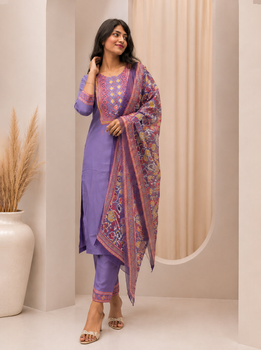 Lavender Royale Kurta Set with Printed Organza Dupatta