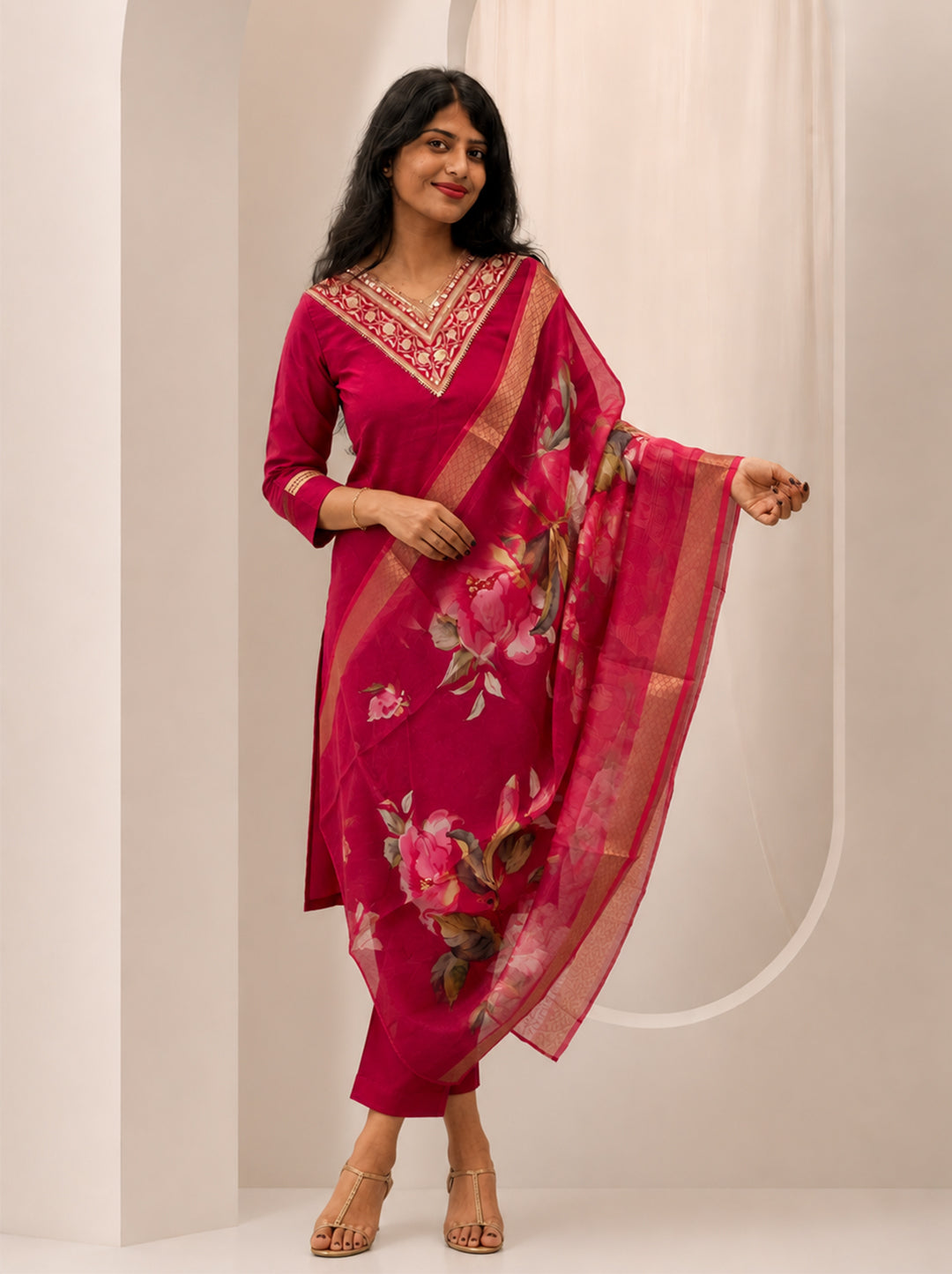 Pink Kurta Set with Organza Dupatta