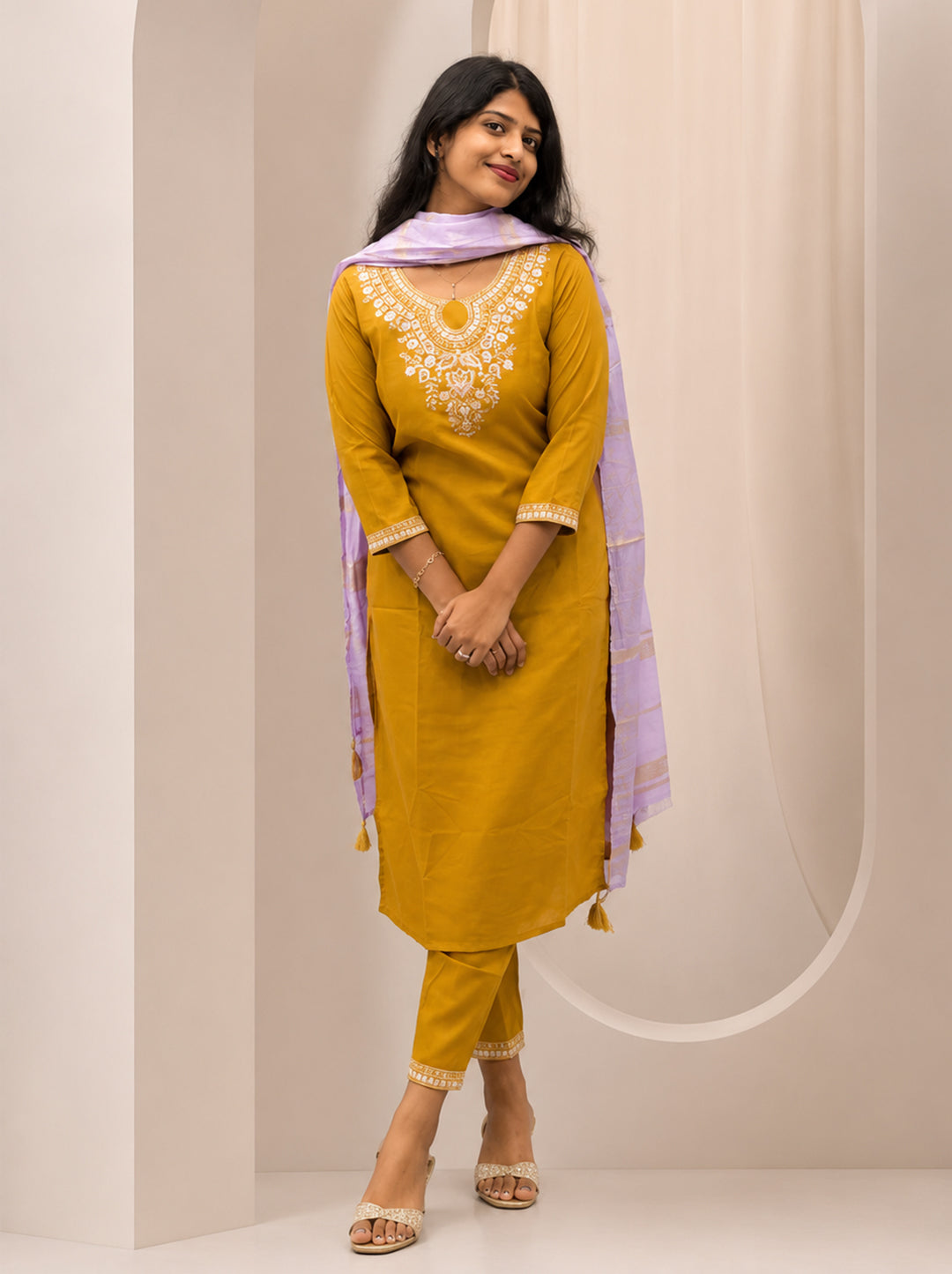 Mustard Glow Yellow Kurta Set with Lilac Dupatta