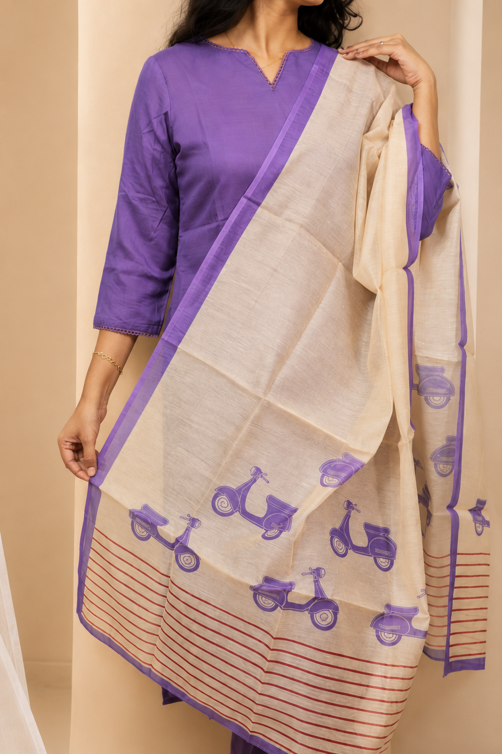 Purple Co Ord Kurta with Cream Chanderi Printed Dupatta