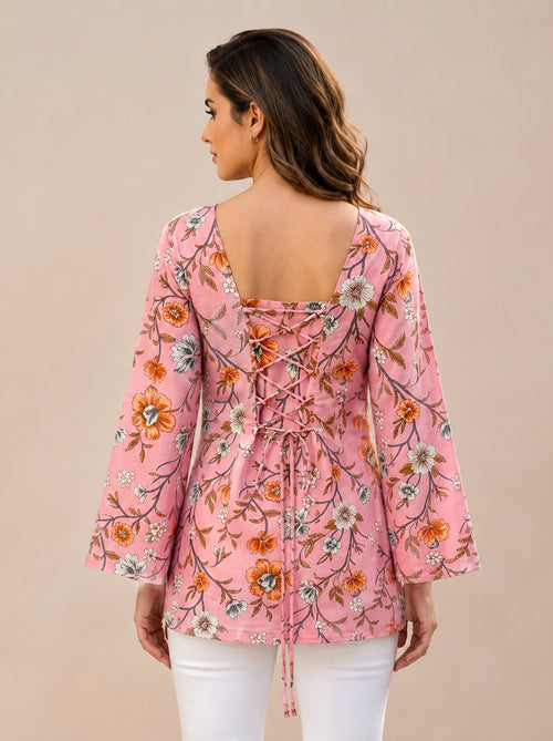 Baby Pink Floral Heer Corset Back Kurti