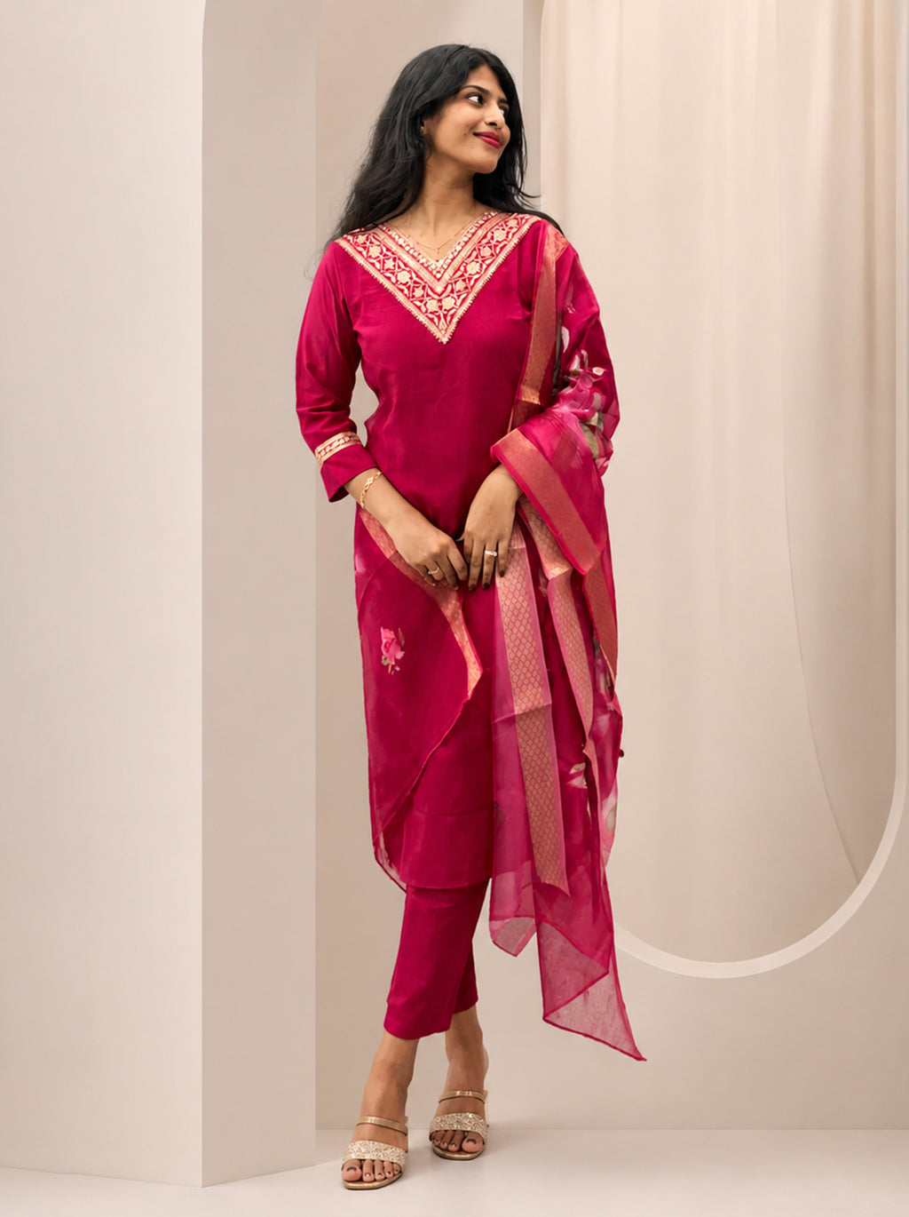 Pink Kurta Set with Organza Dupatta