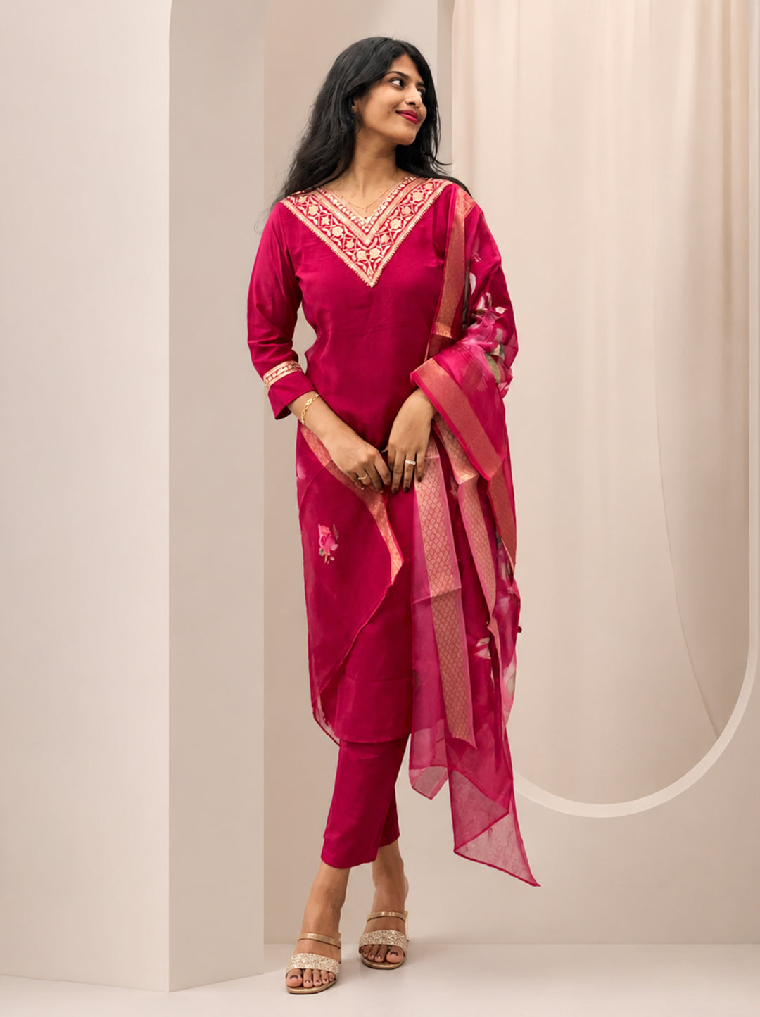 Pink Kurta Set with Organza Dupatta