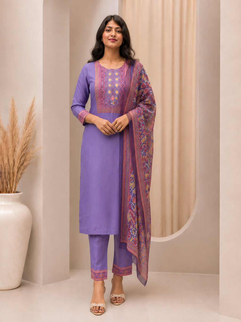 Lavender Royale Kurta Set with Printed Organza Dupatta