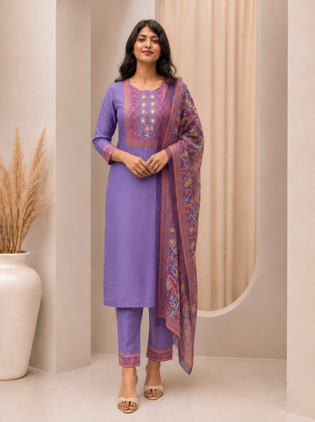 Lavender Royale Kurta Set with Printed Organza Dupatta