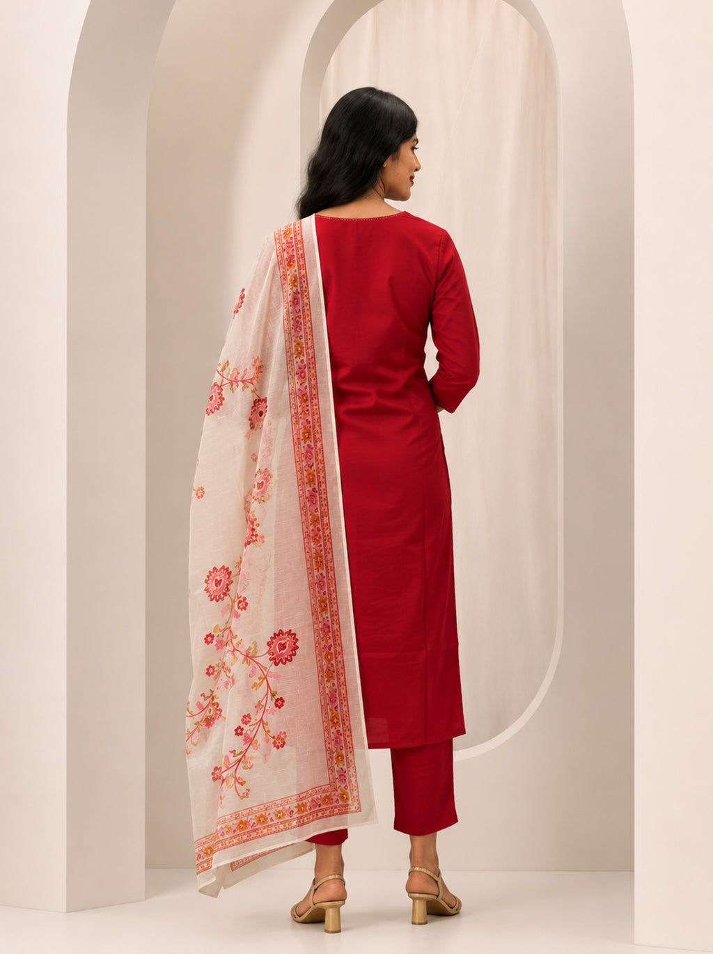 Brick Red Blossom Kurta Set with Chanderi Dupatta
