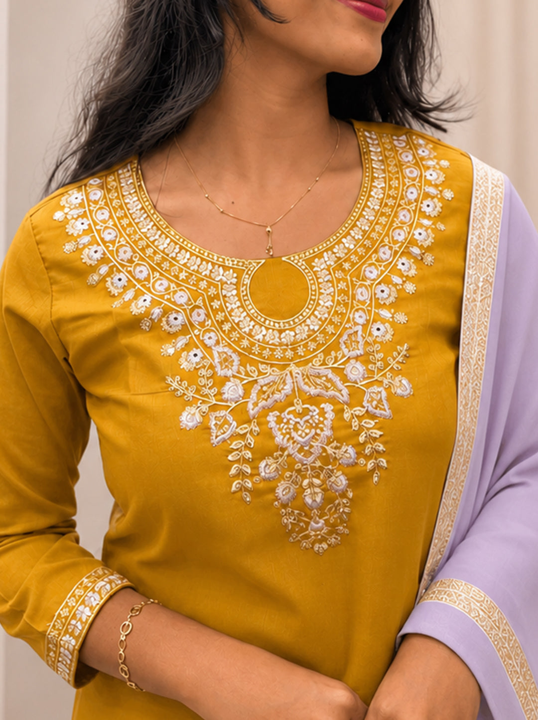 Mustard Glow Yellow Kurta Set with Lilac Dupatta