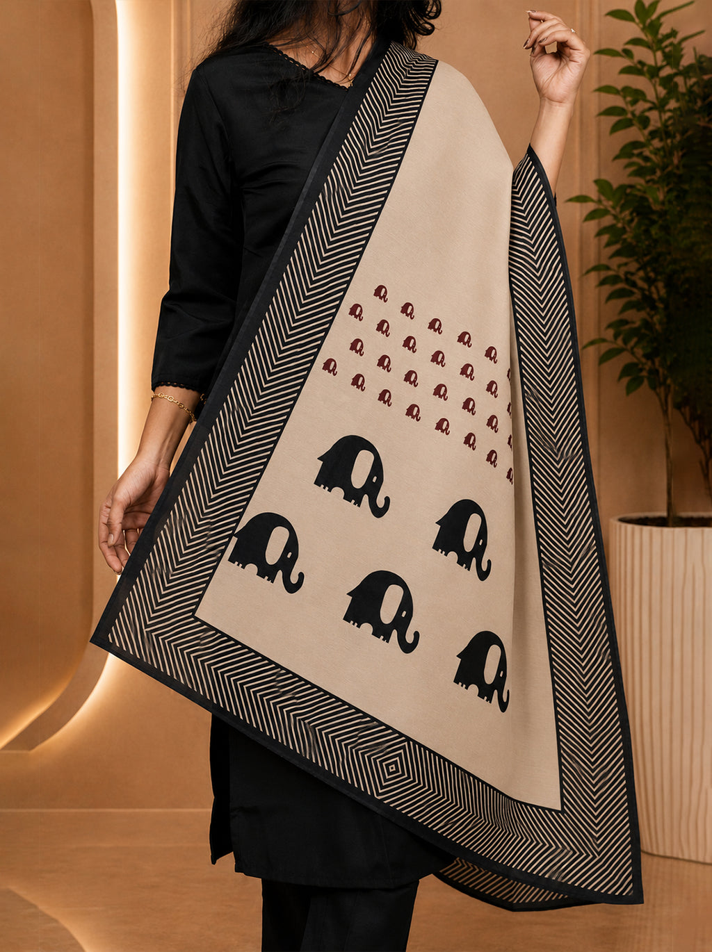 Black Co Ord Kurta with Cream Chanderi Printed Dupatta