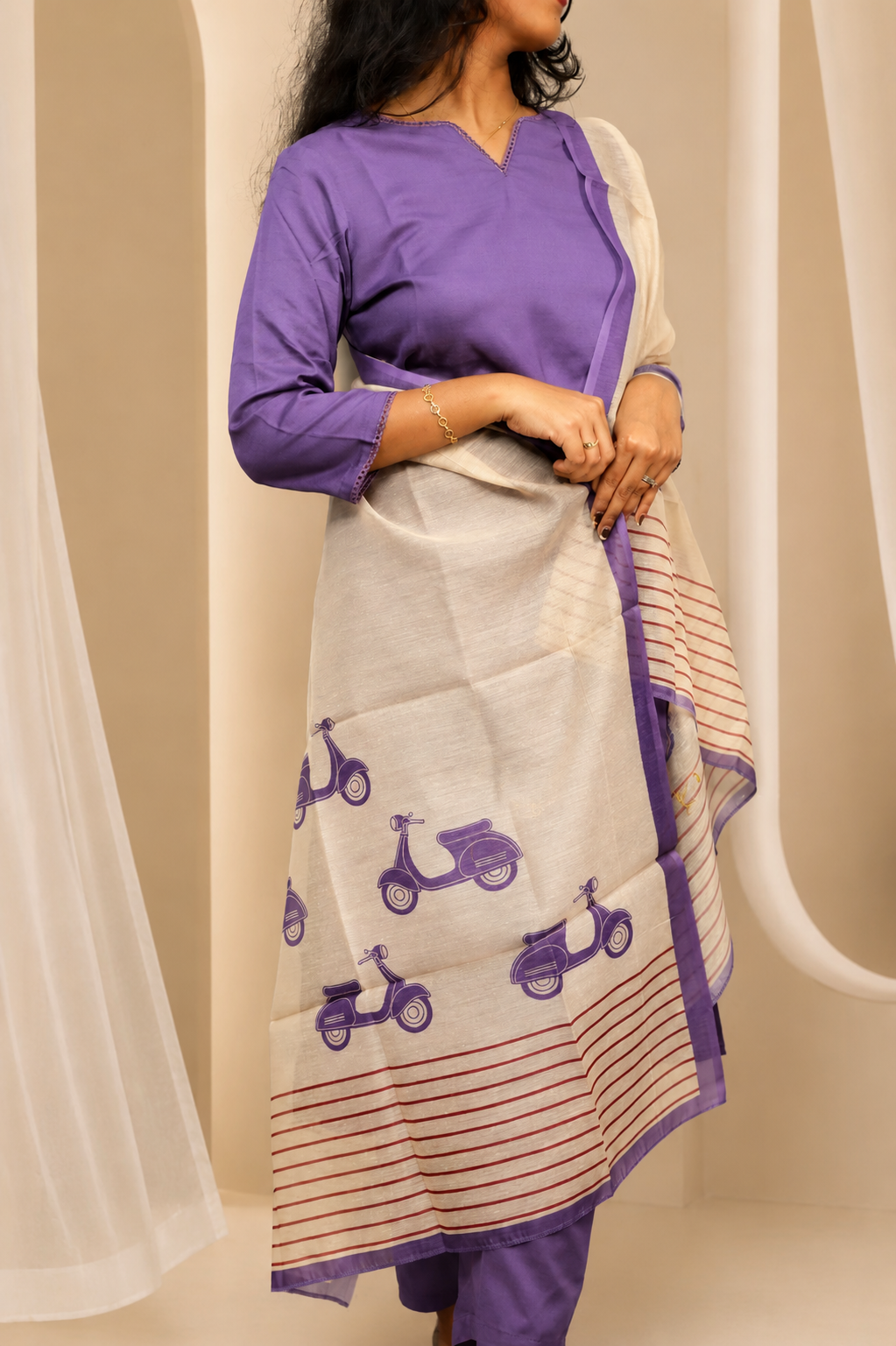 Purple Co Ord Kurta with Cream Chanderi Printed Dupatta