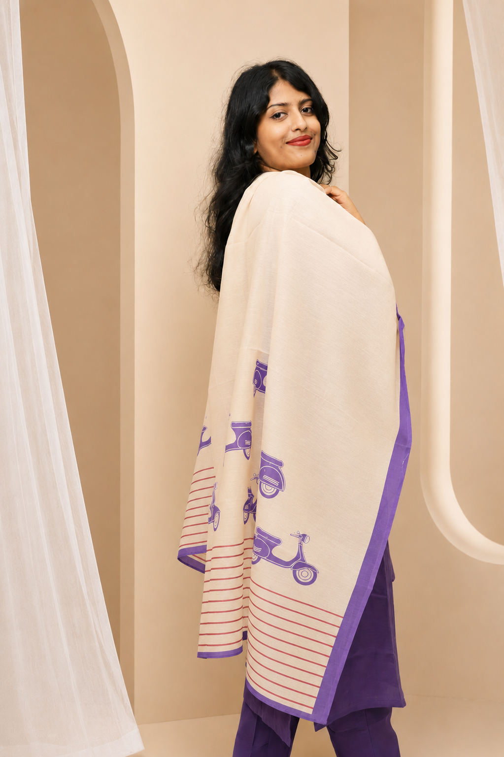 Purple Co Ord Kurta with Cream Chanderi Printed Dupatta