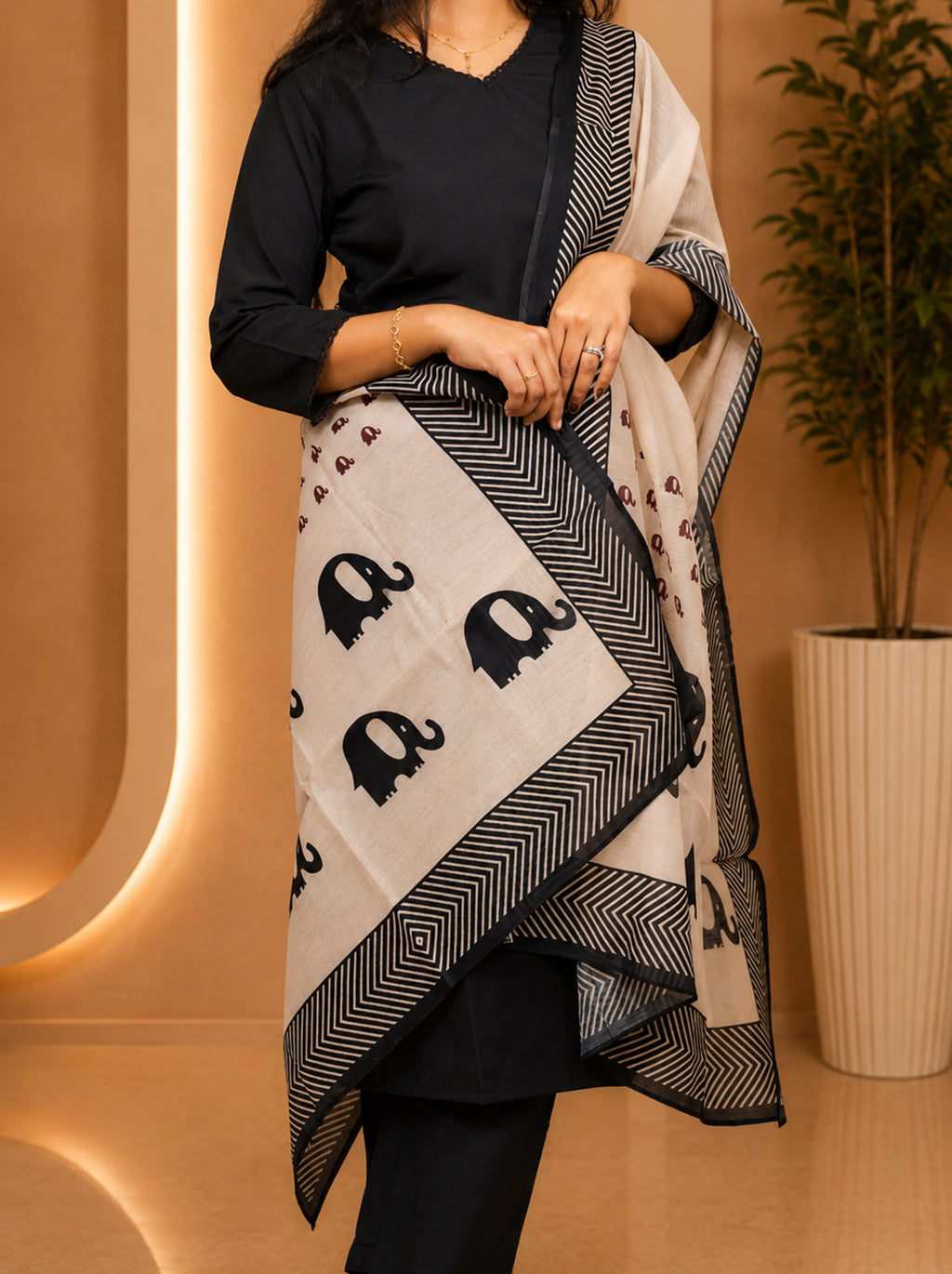 Black Co Ord Kurta with Cream Chanderi Printed Dupatta