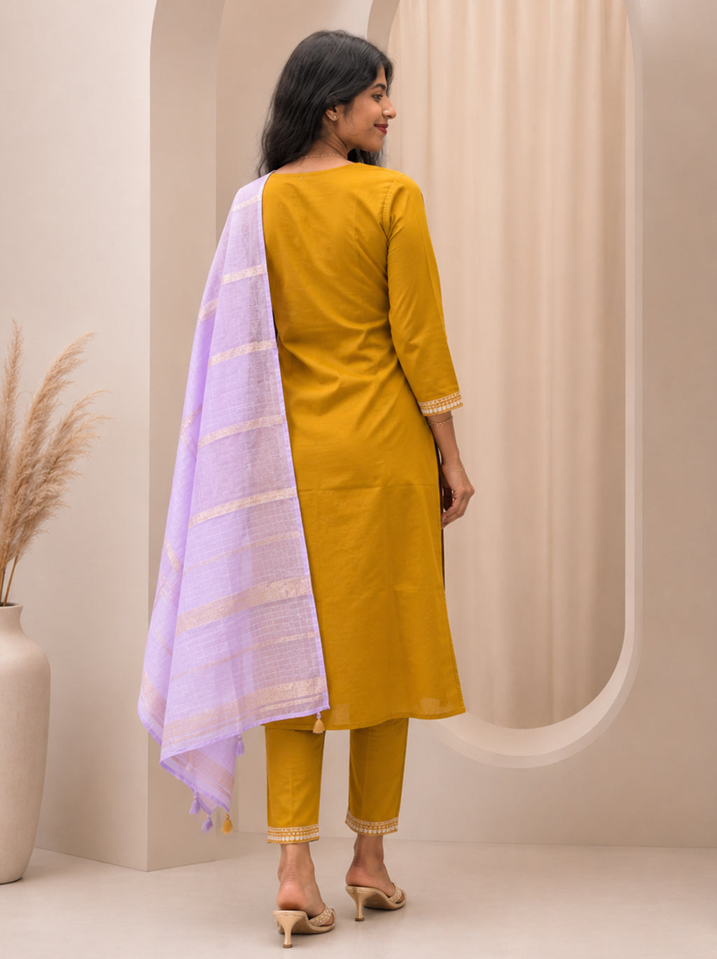 Mustard Glow Yellow Kurta Set with Lilac Dupatta