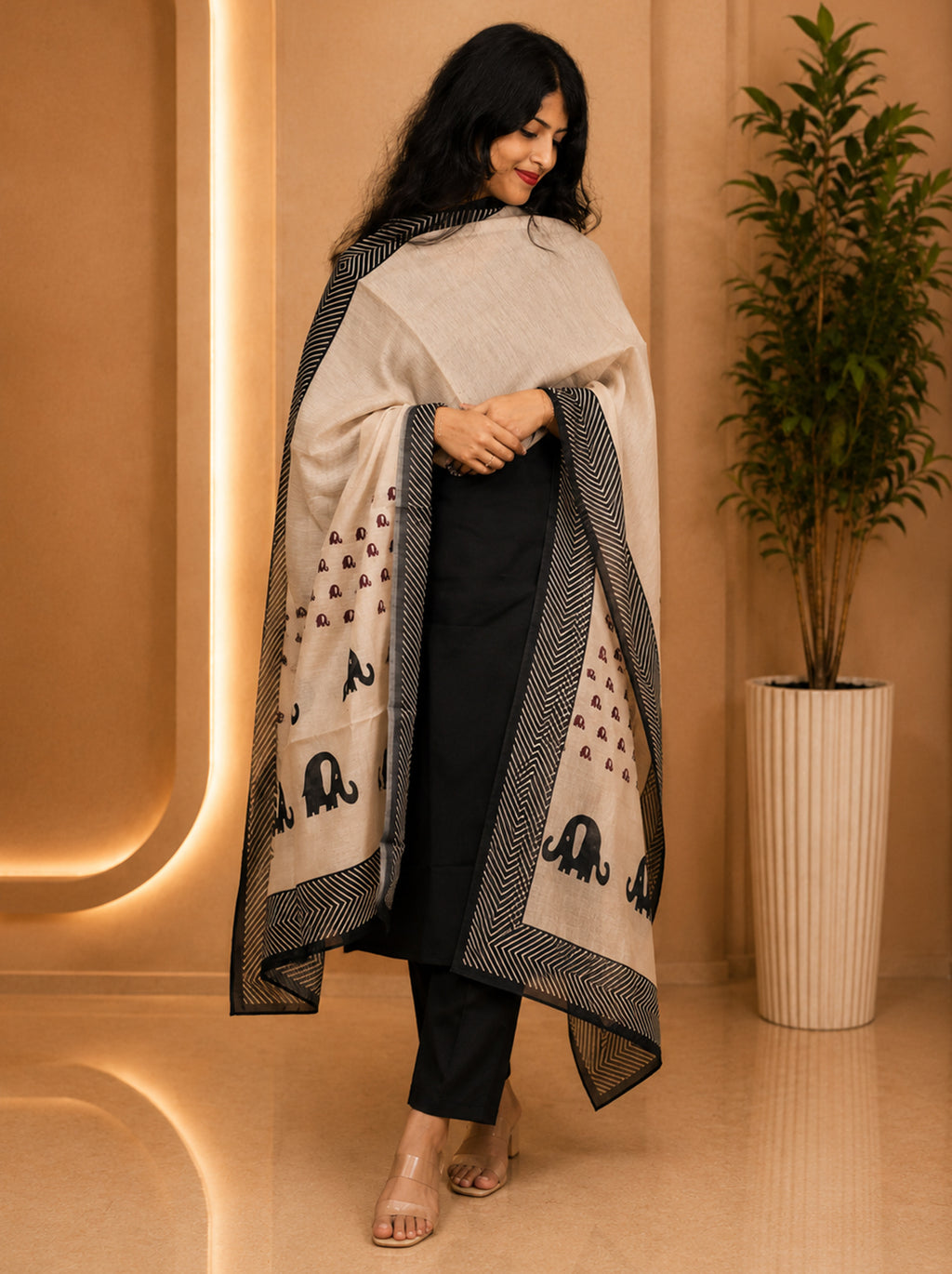 Black Co Ord Kurta with Cream Chanderi Printed Dupatta