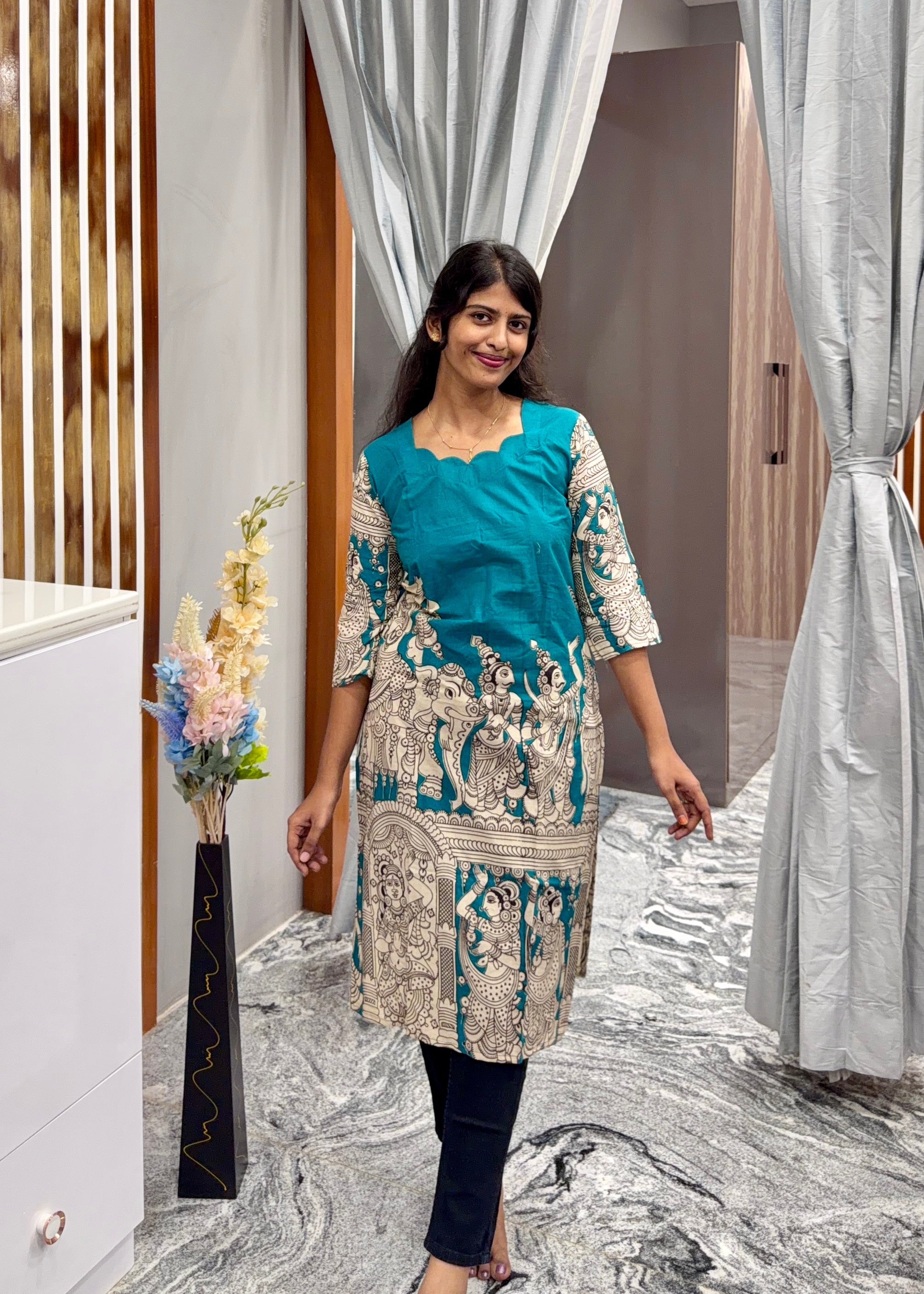 Teal blue kalamkari kurti top