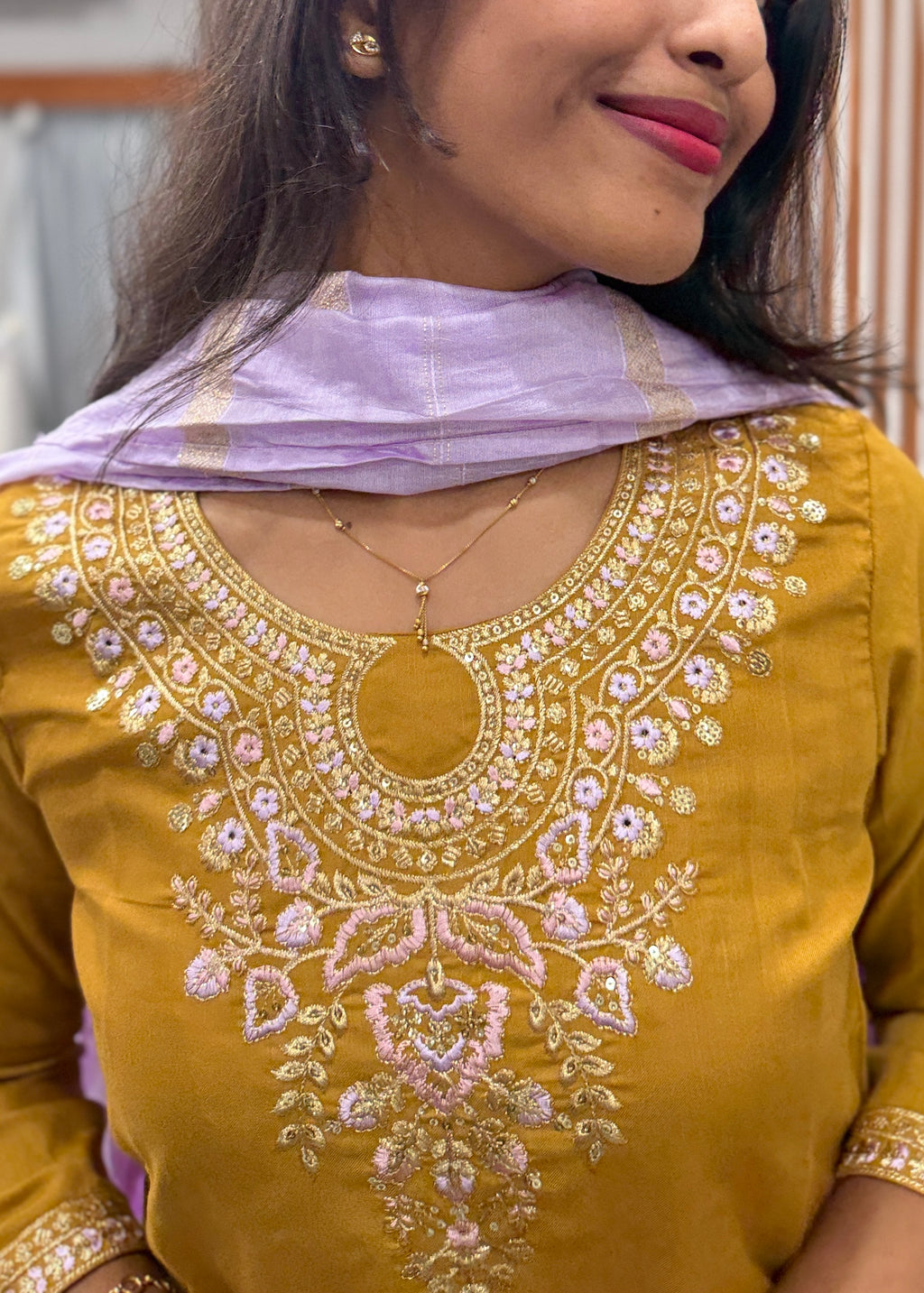Mustard Glow Yellow Kurta Set with Lilac Dupatta