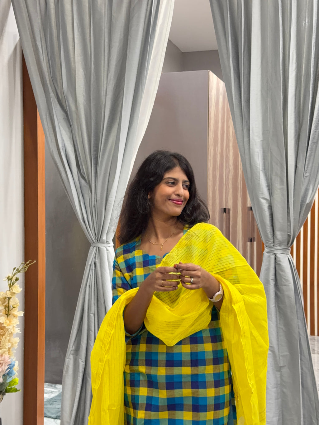 Checked kurti with lime yellow dupatta - 3 piece set💛