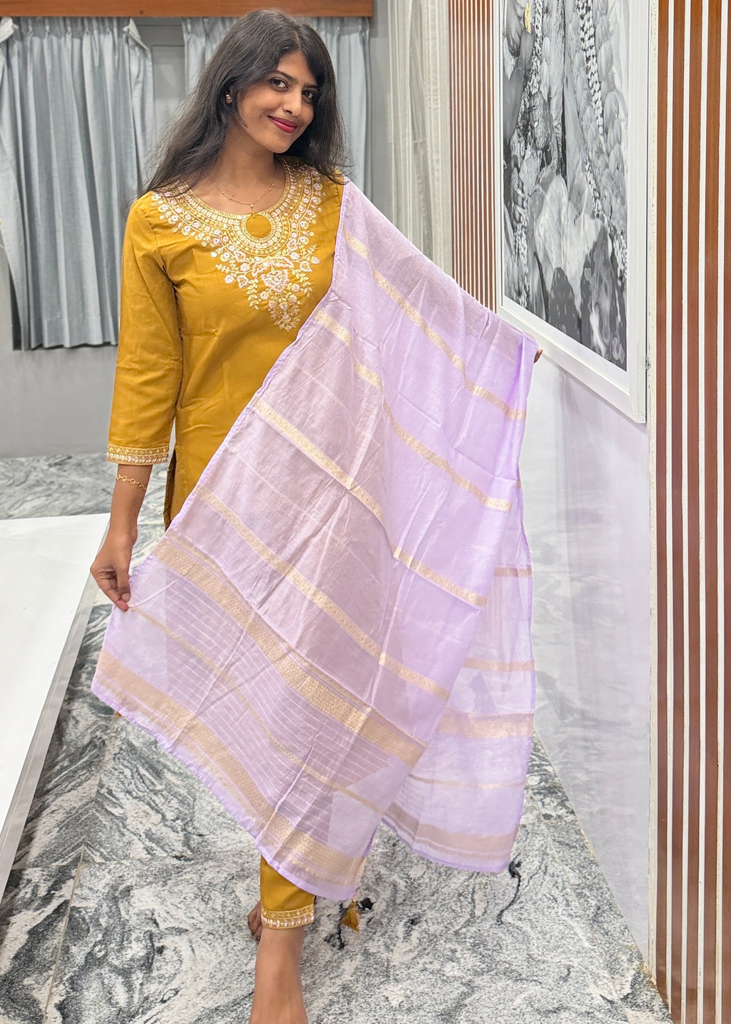 Mustard Glow Yellow Kurta Set with Lilac Dupatta