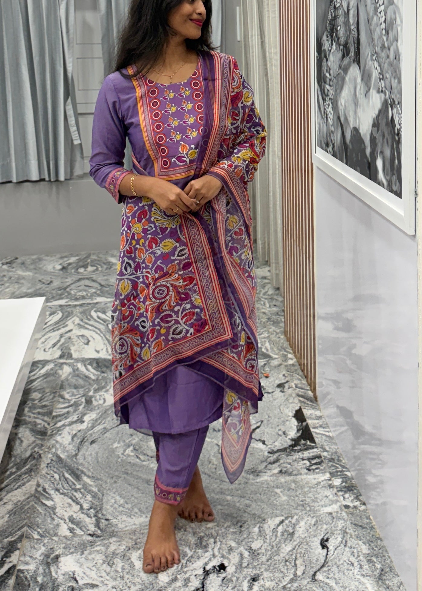 Lavender Royale Kurta Set with Printed Organza Dupatta