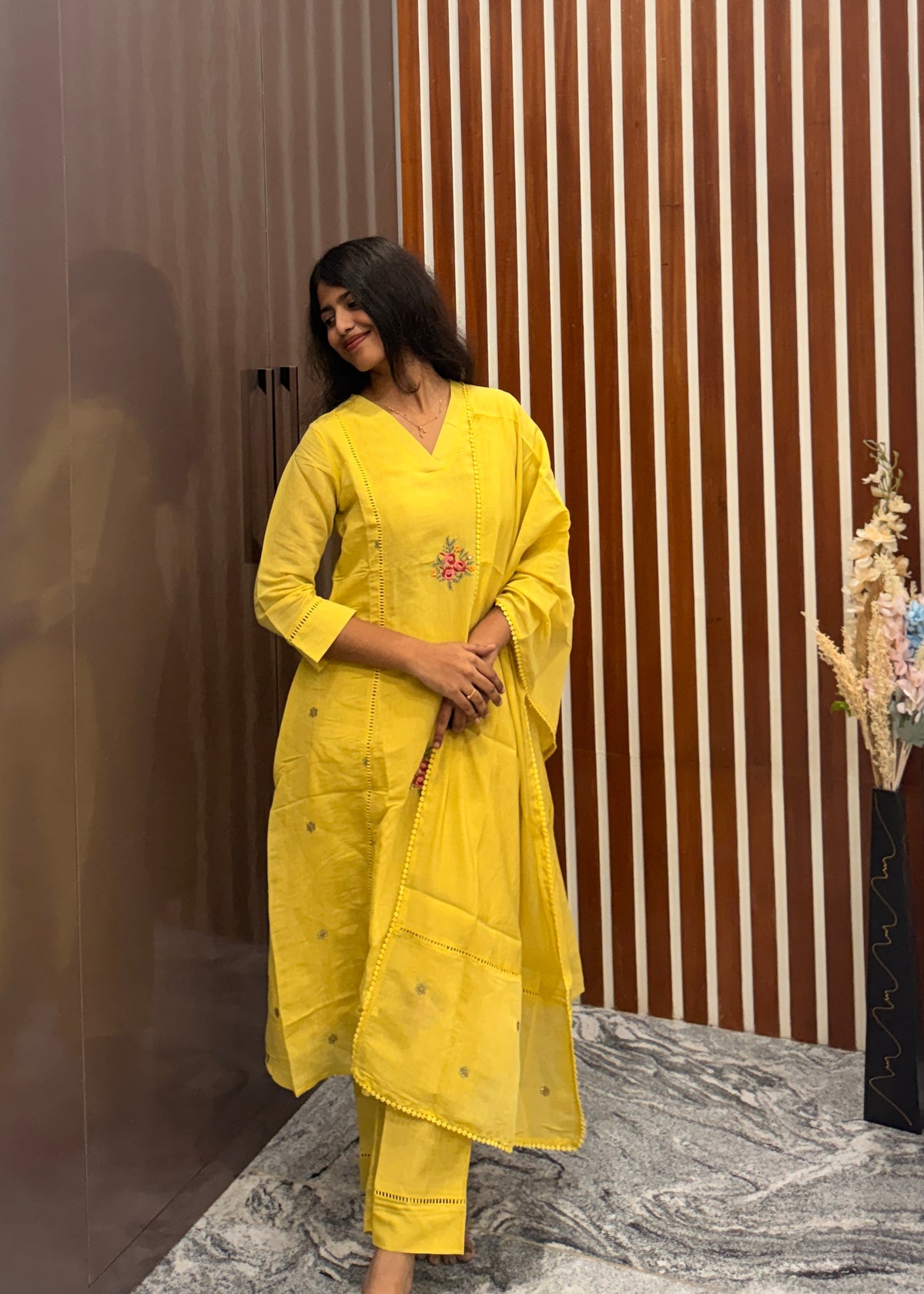 Butter yellow Mulchanderi Hand Embroidery Threadwork 3-Piece Set