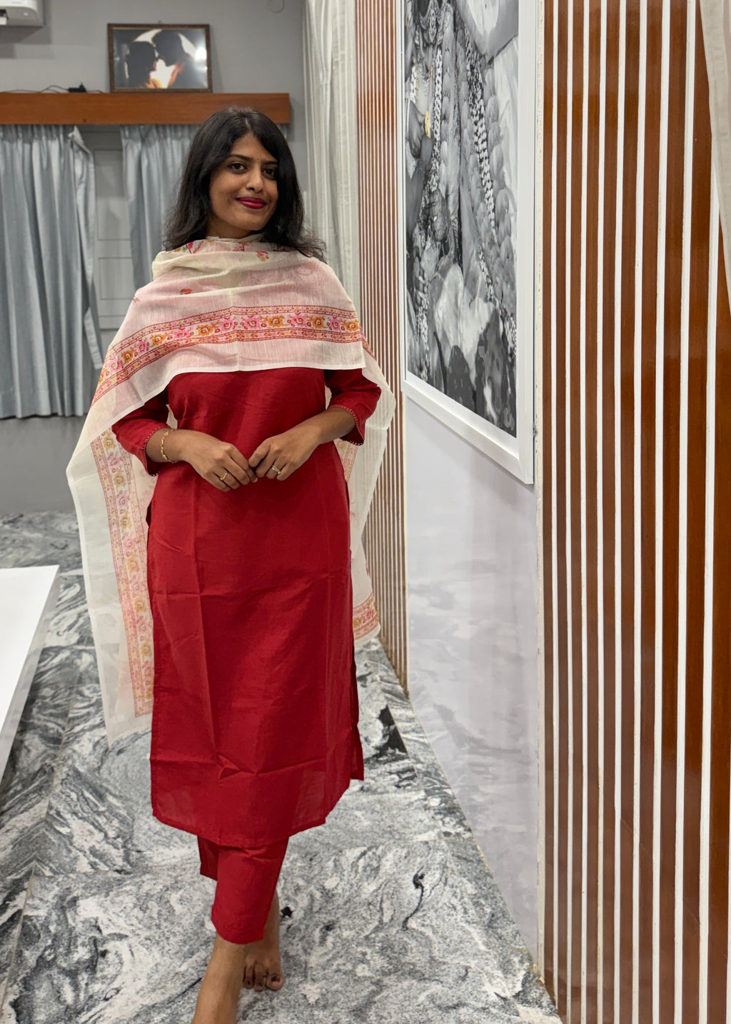 Brick Red Blossom Kurta Set with Chanderi Dupatta