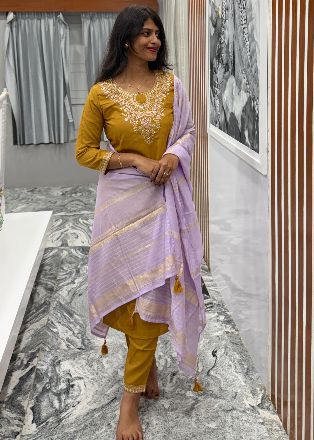 Mustard Glow Yellow Kurta Set with Lilac Dupatta