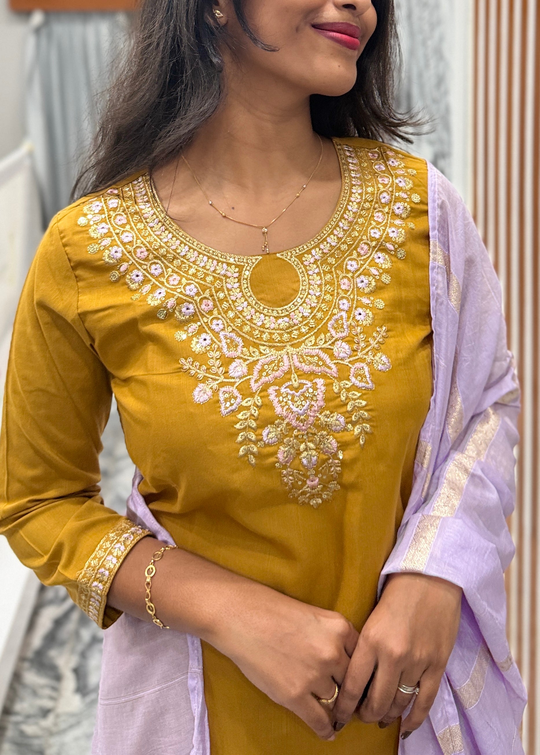 Mustard Glow Yellow Kurta Set with Lilac Dupatta
