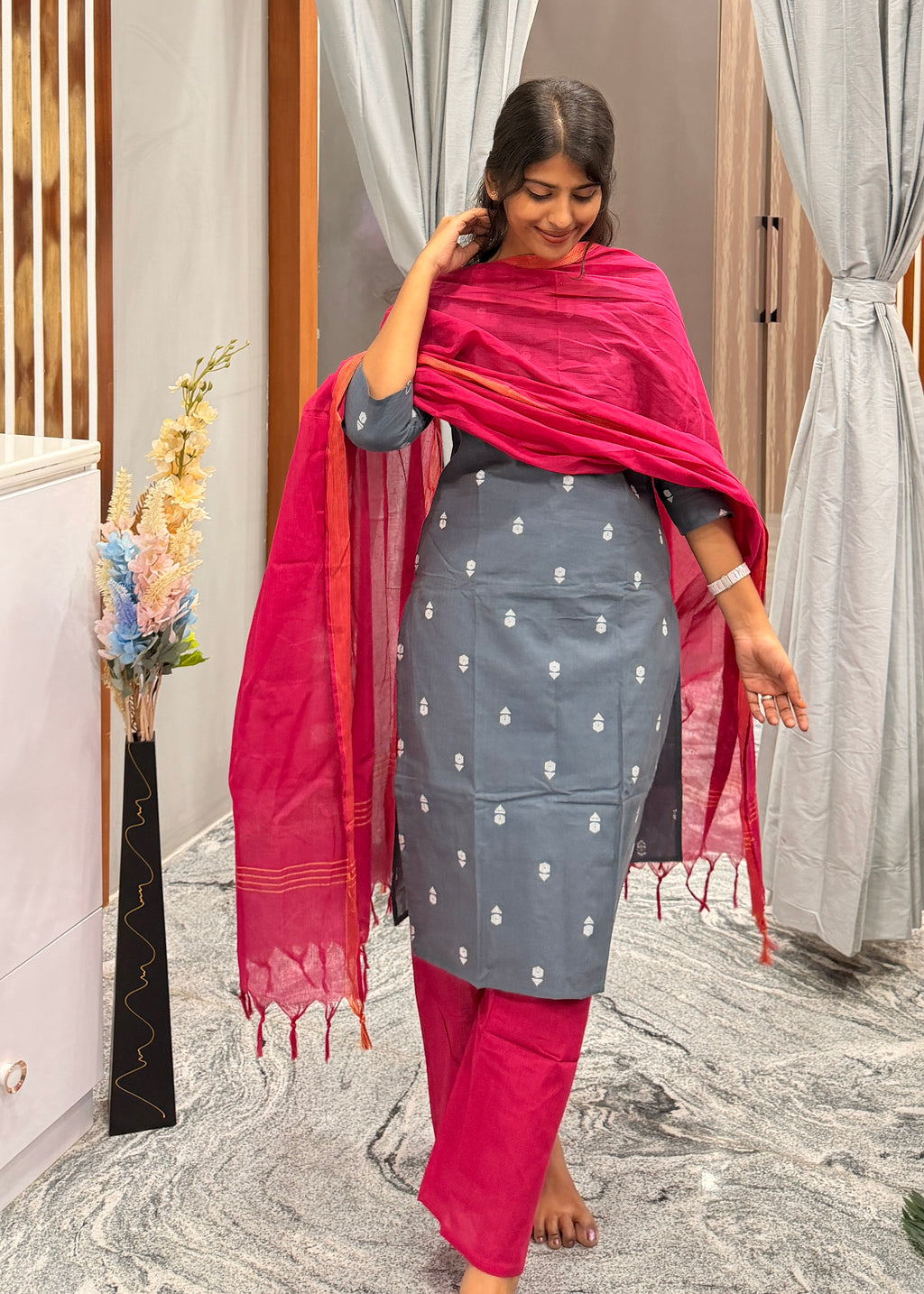 Slate Grey Kurti with Rani Pink Dupatta & Pants