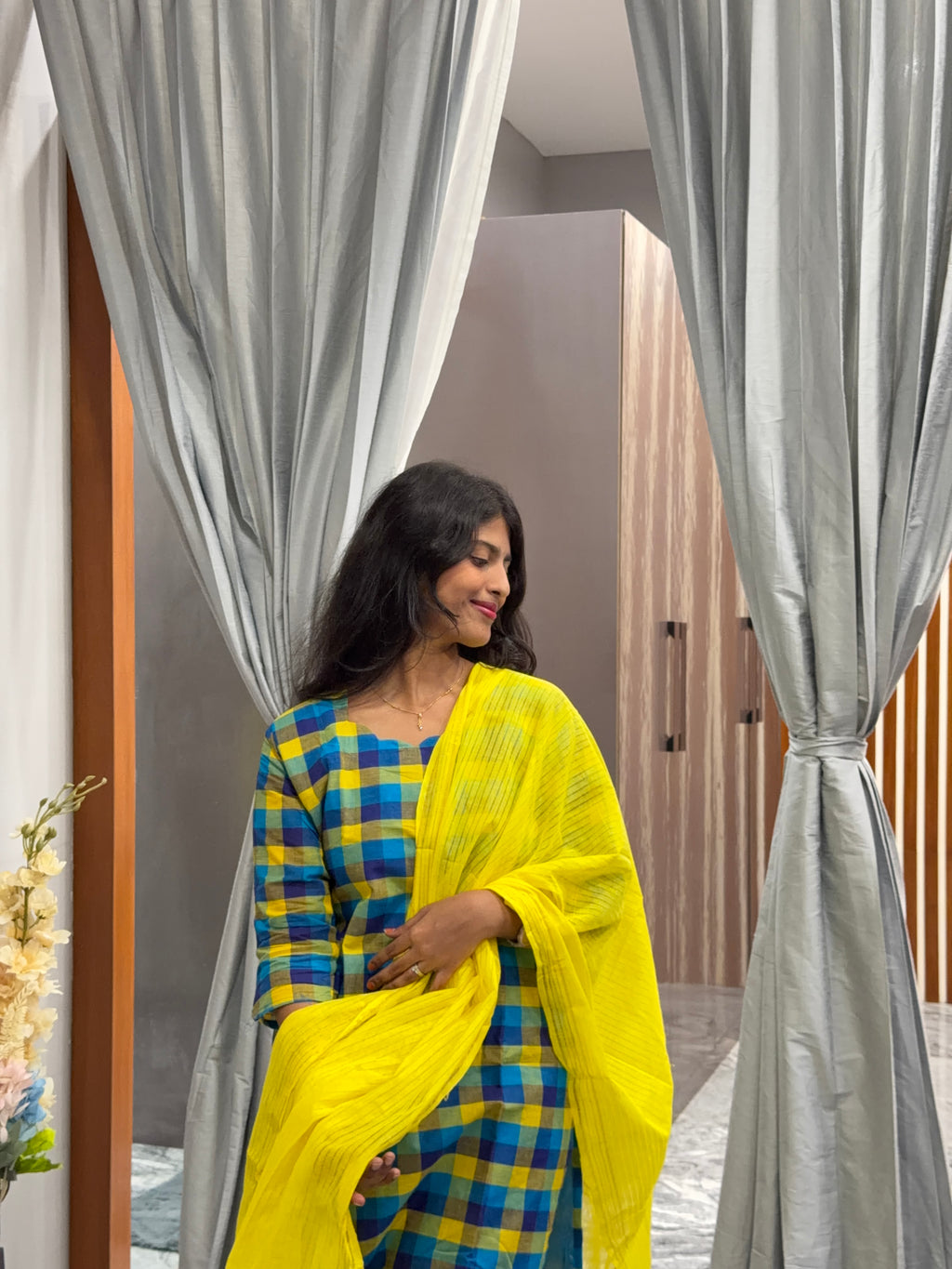 Checked kurti with lime yellow dupatta - 3 piece set💛