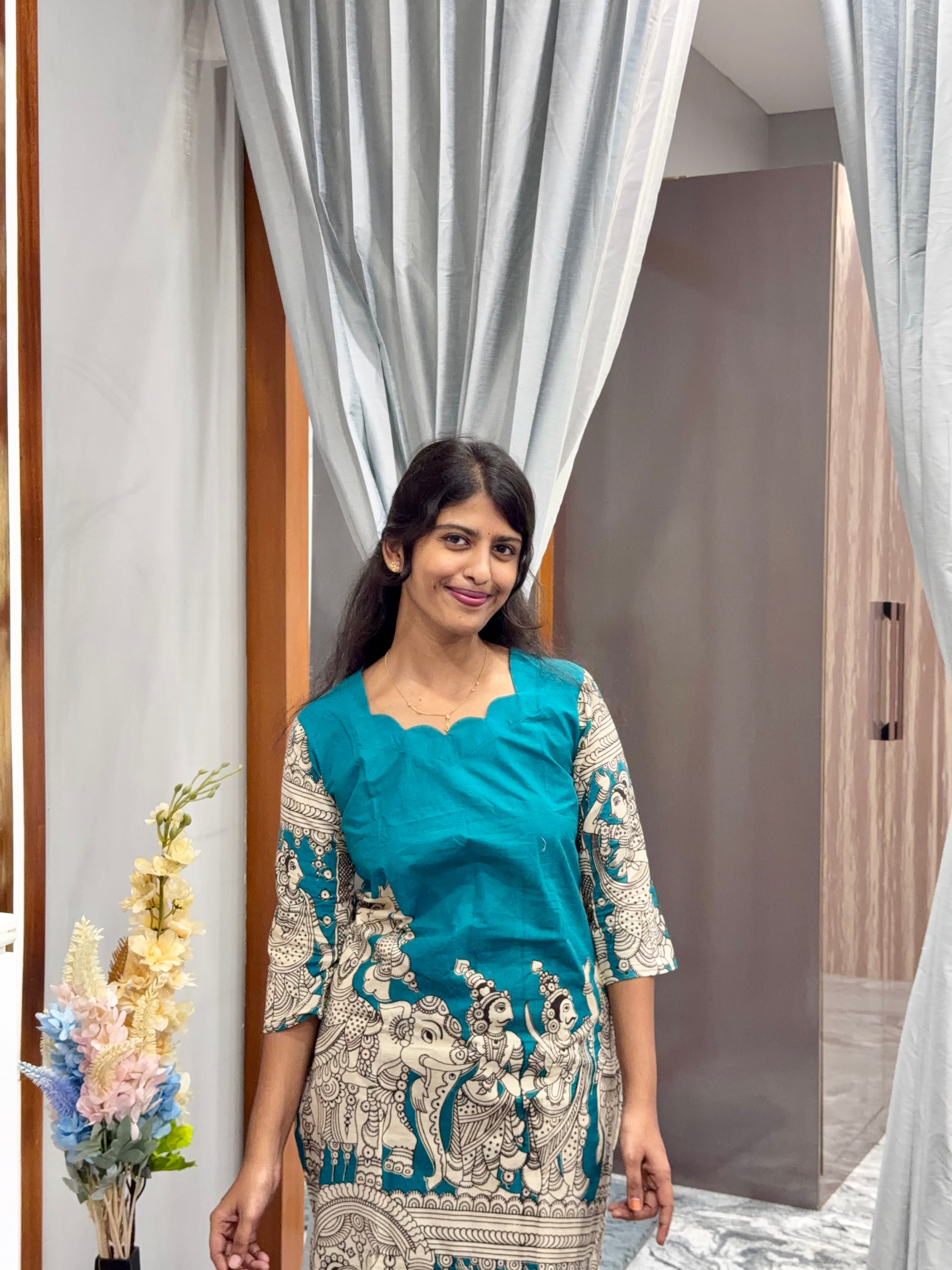 Teal blue kalamkari kurti top