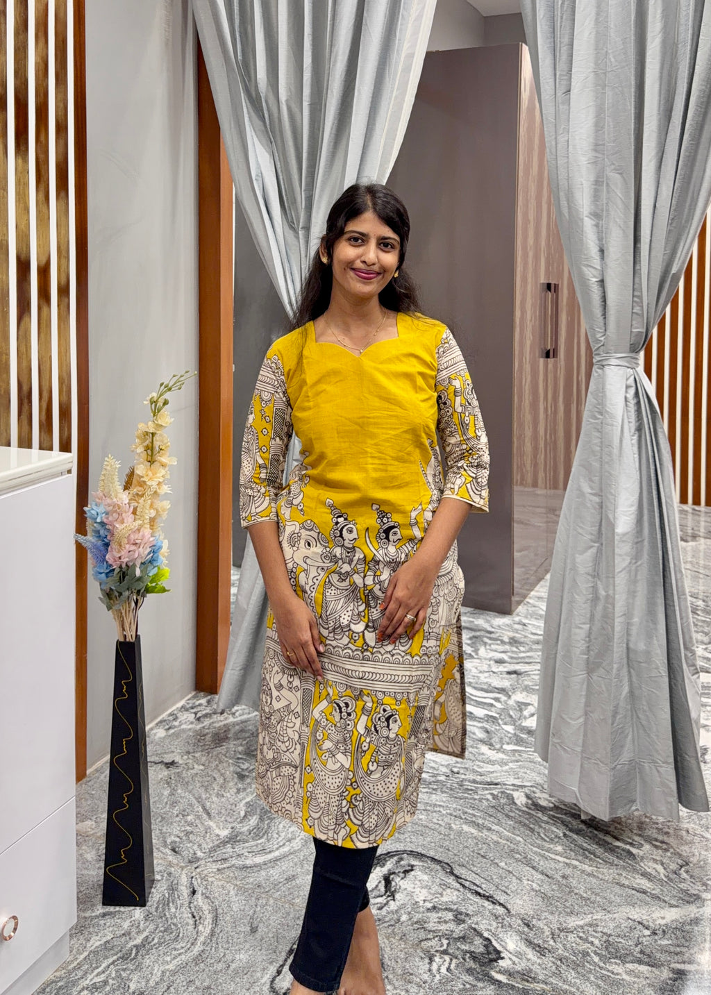 Yellow Kalamkari Kurti Top