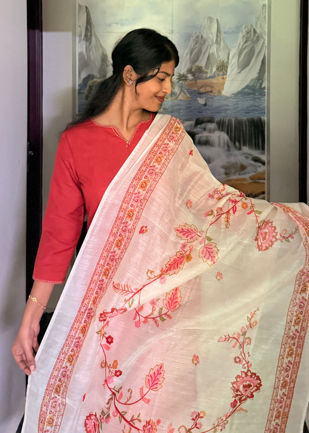 Brick Red Blossom Kurta Set with Chanderi Dupatta