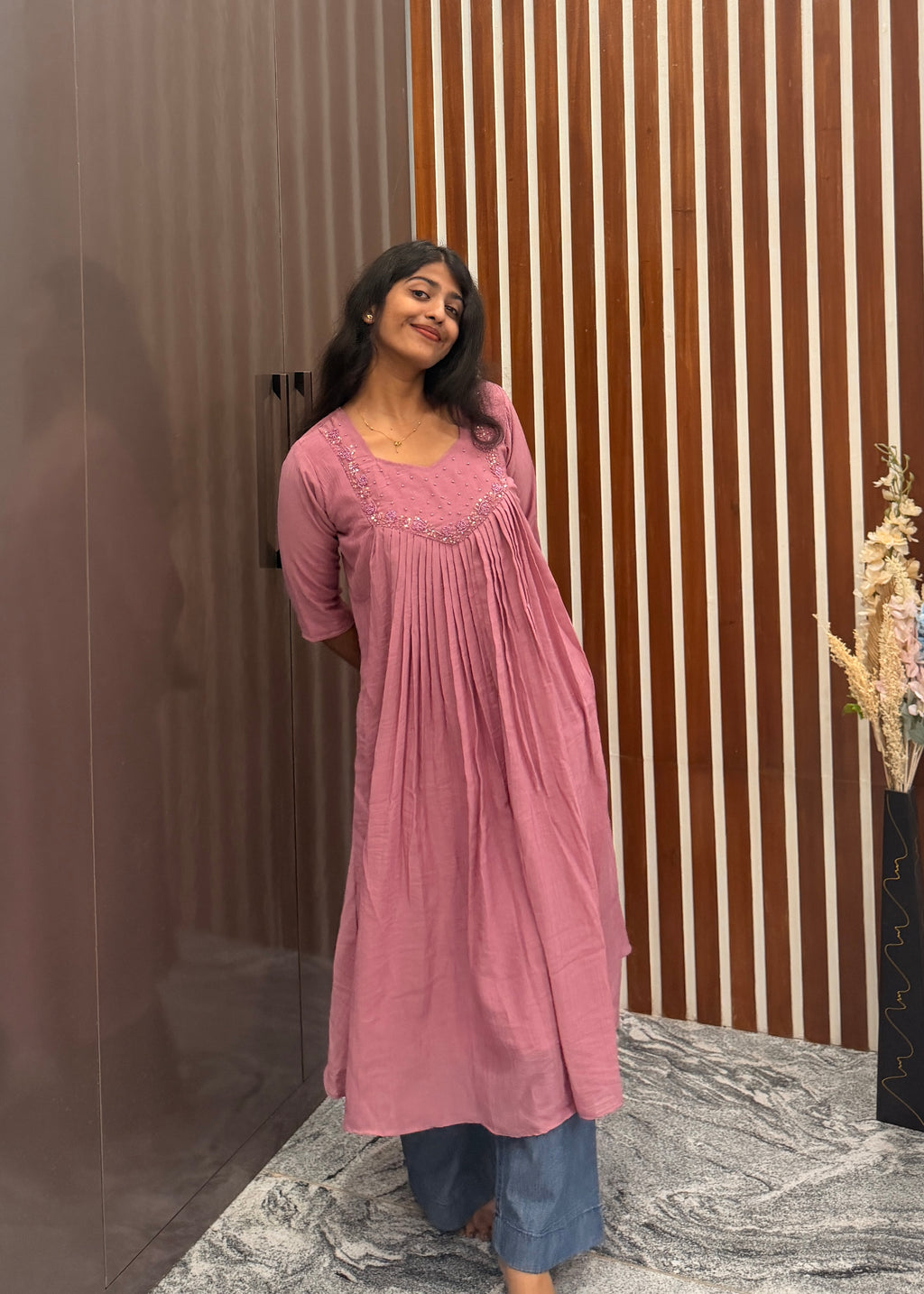 Onion pink mull chanderi handwork aline top