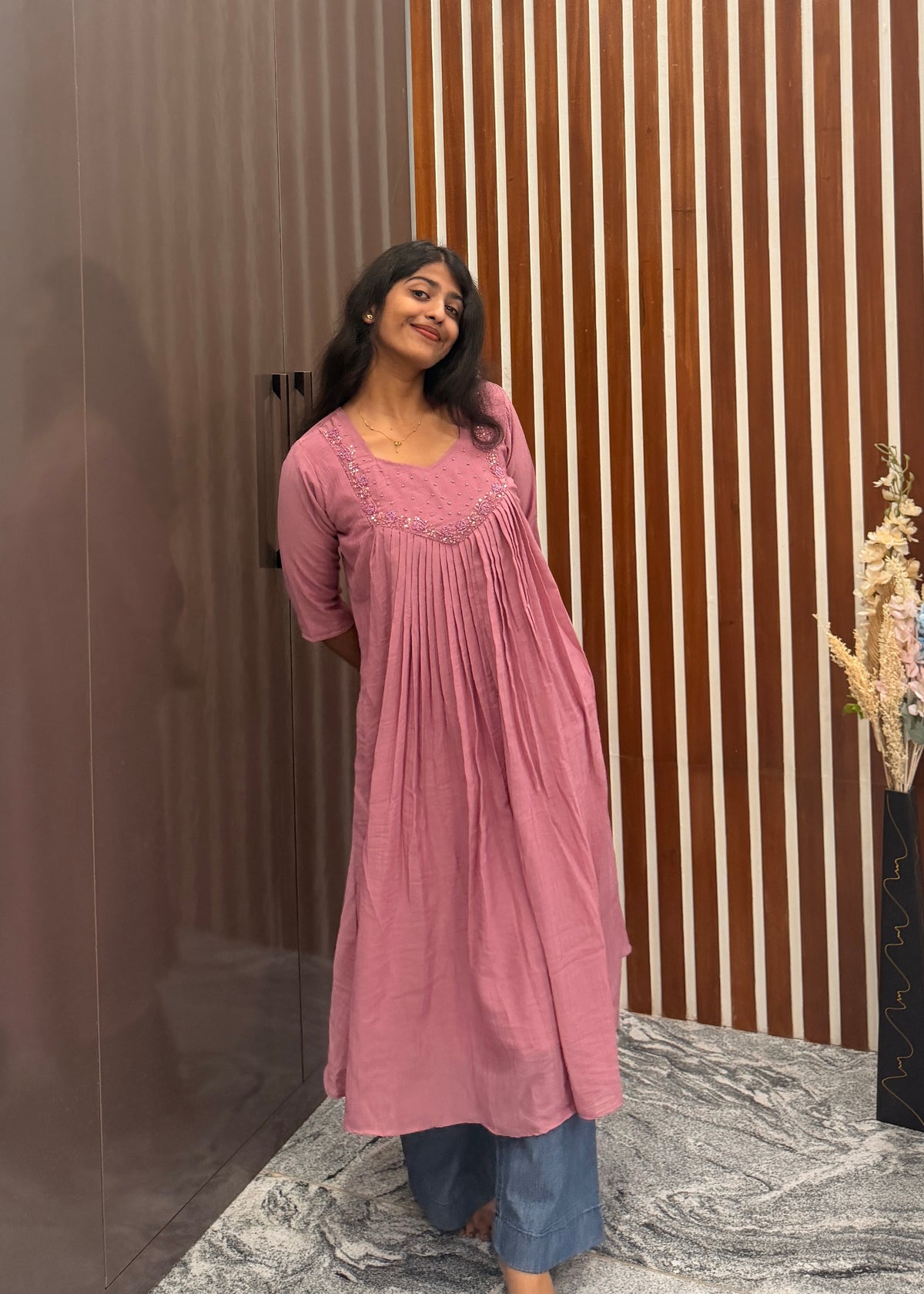 Onion pink mull chanderi handwork aline top