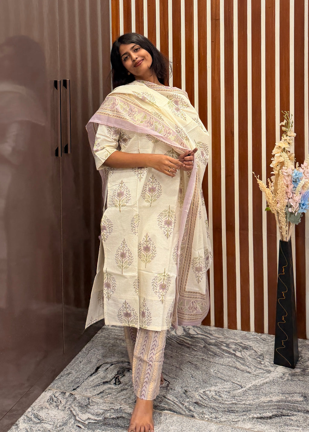 Lavender Floral Printed Three pcs Kurta Set