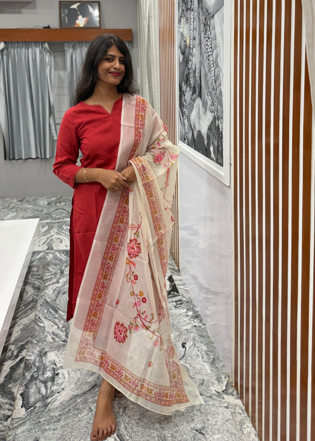 Brick Red Blossom Kurta Set with Chanderi Dupatta