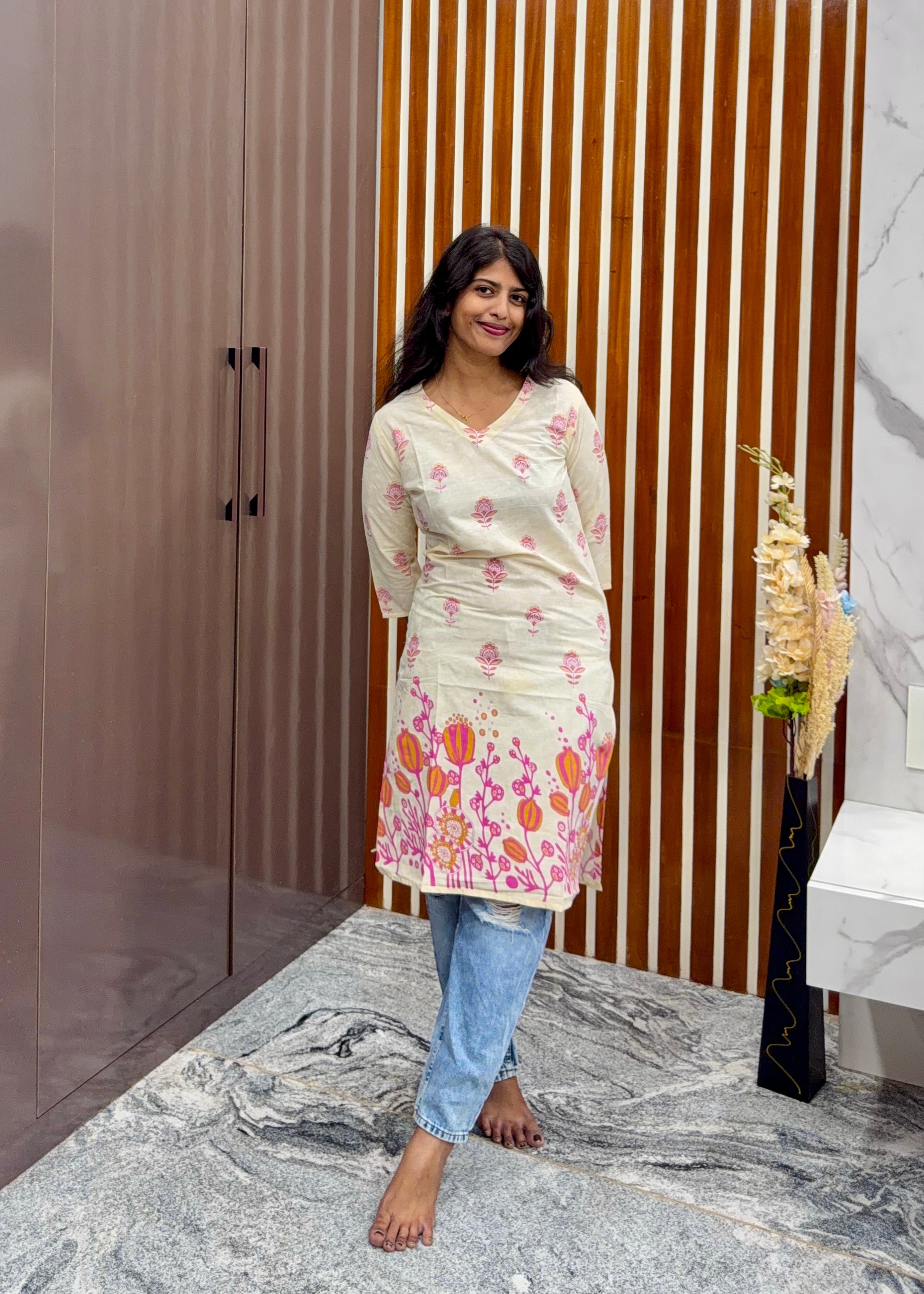 Sandal pink floral kurti top ( only top)