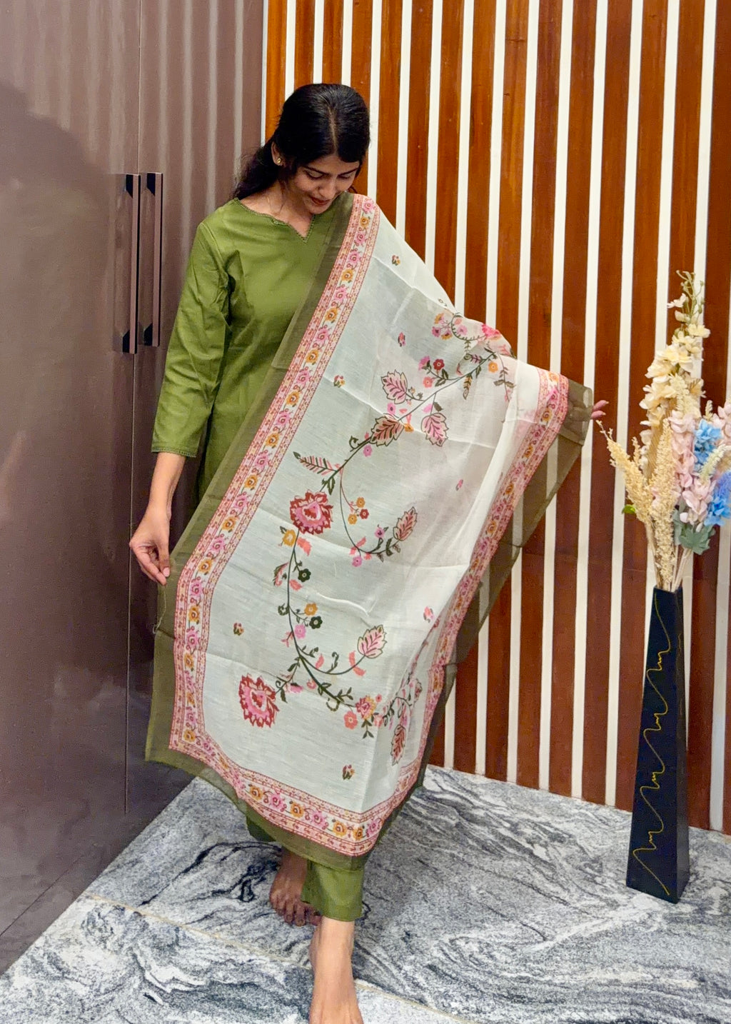 Darkgreen kurta set with chanderi dupatta