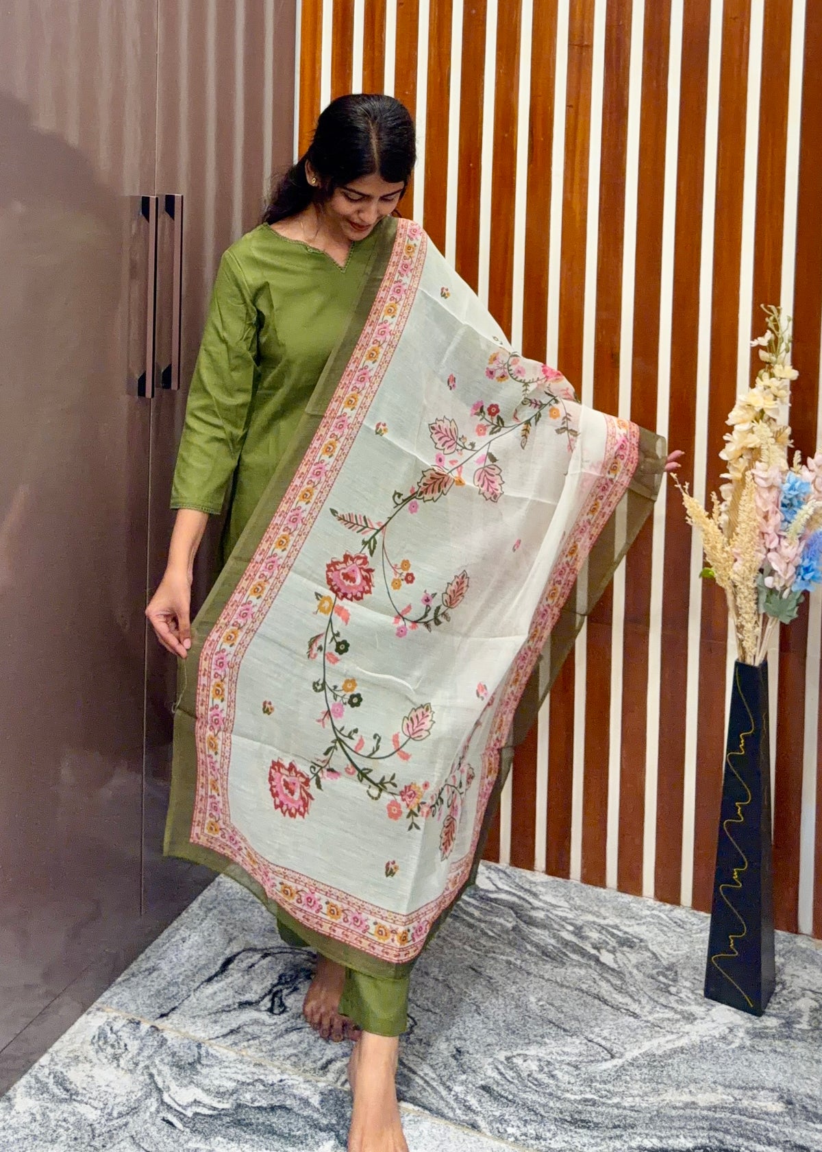 Darkgreen kurta set with chanderi dupatta