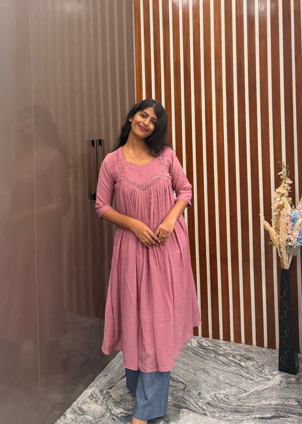 Onion pink mull chanderi handwork aline top