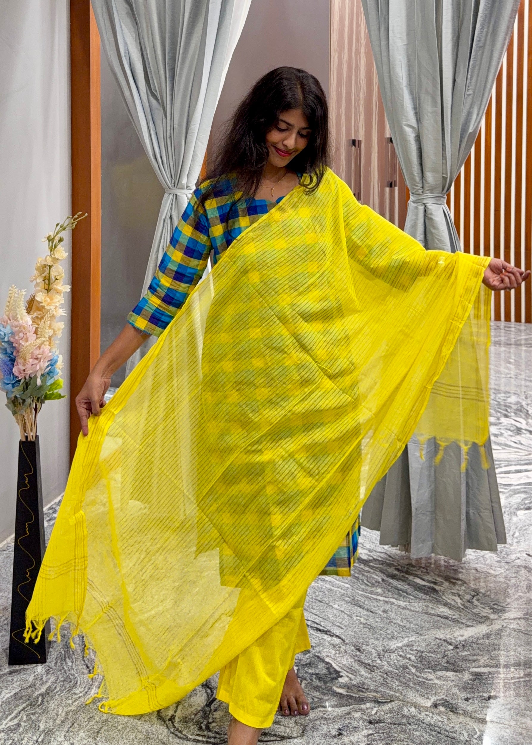 Checked kurti with lime yellow dupatta - 3 piece set💛
