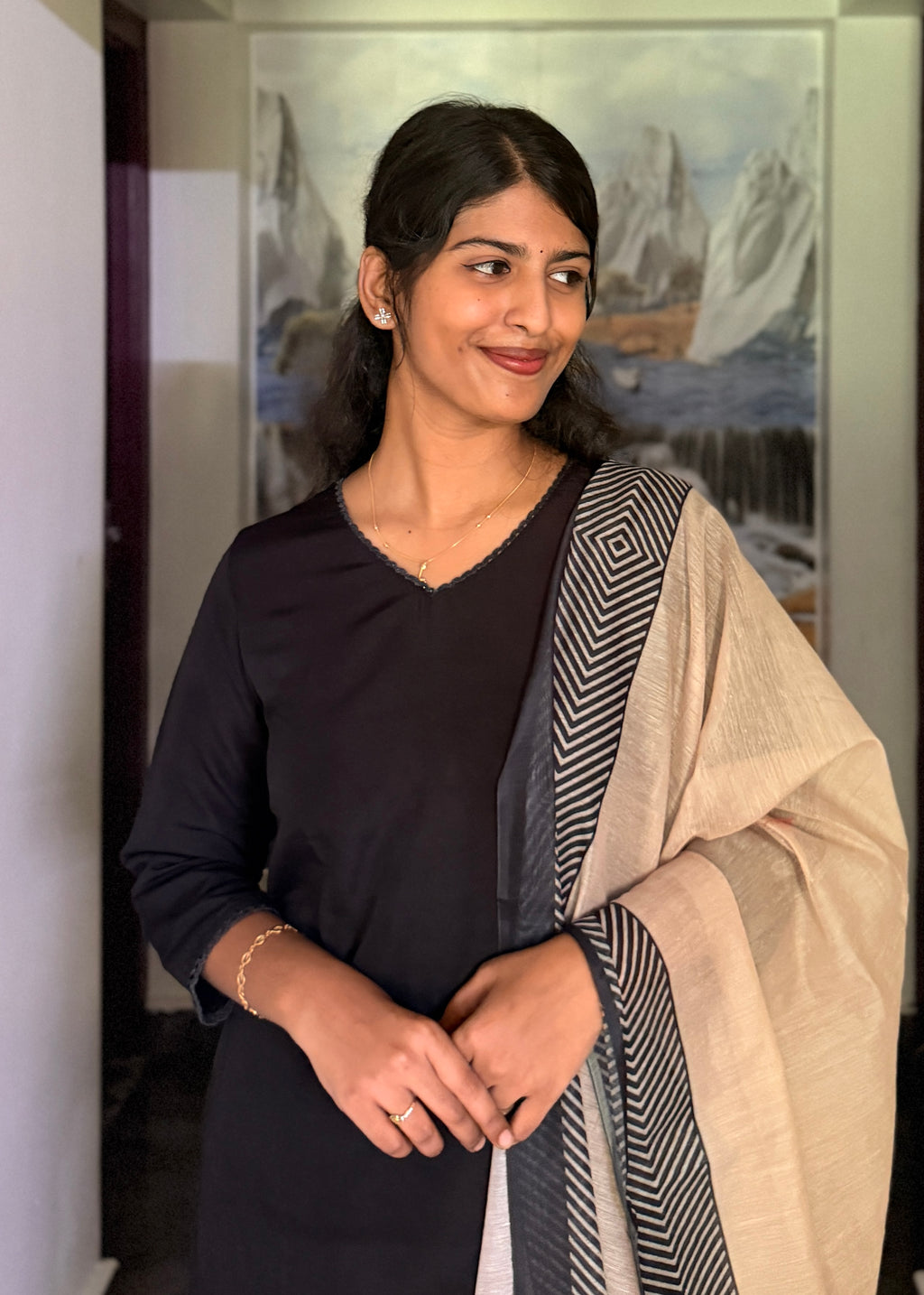 Black Co Ord Kurta with Cream Chanderi Printed Dupatta