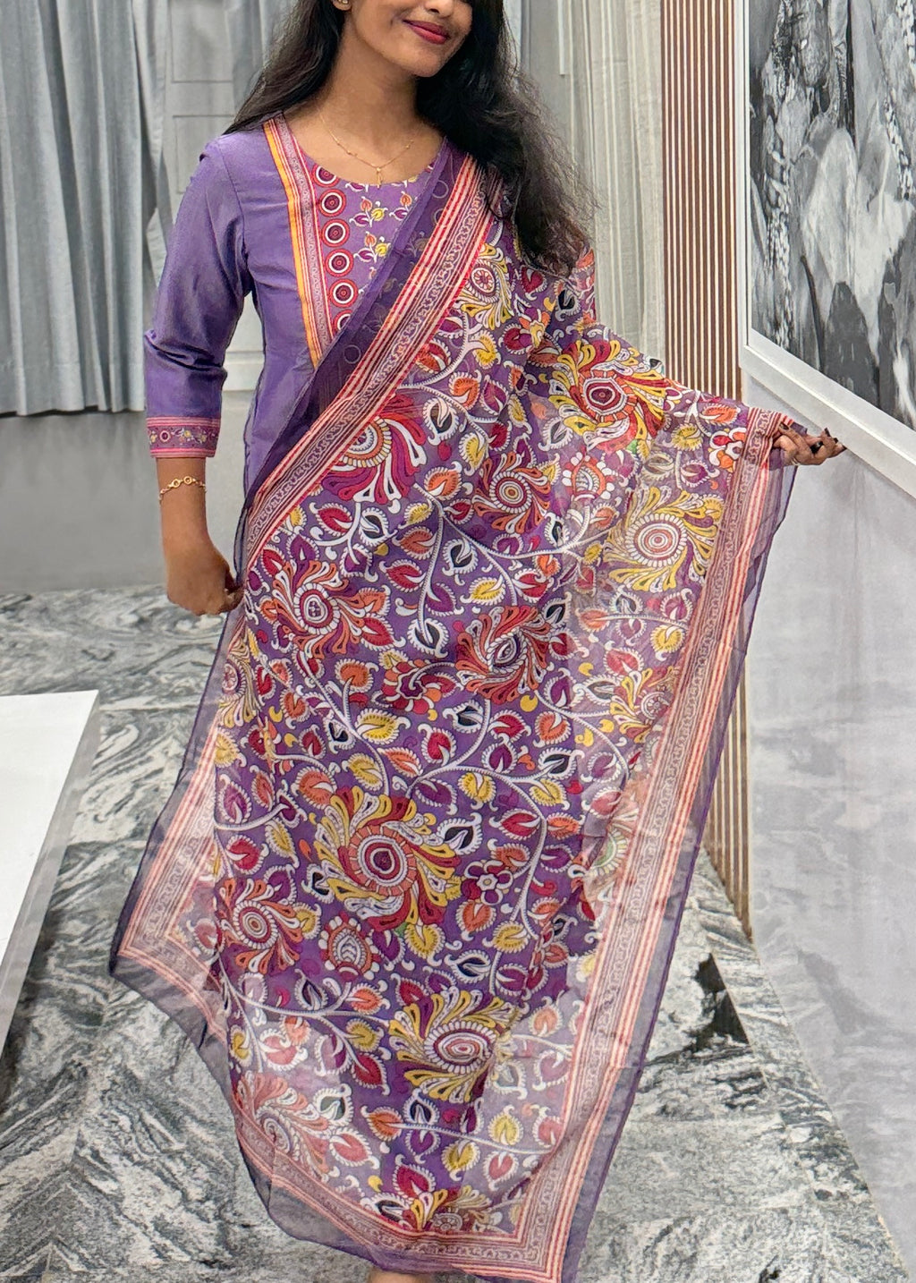 Lavender Royale Kurta Set with Printed Organza Dupatta