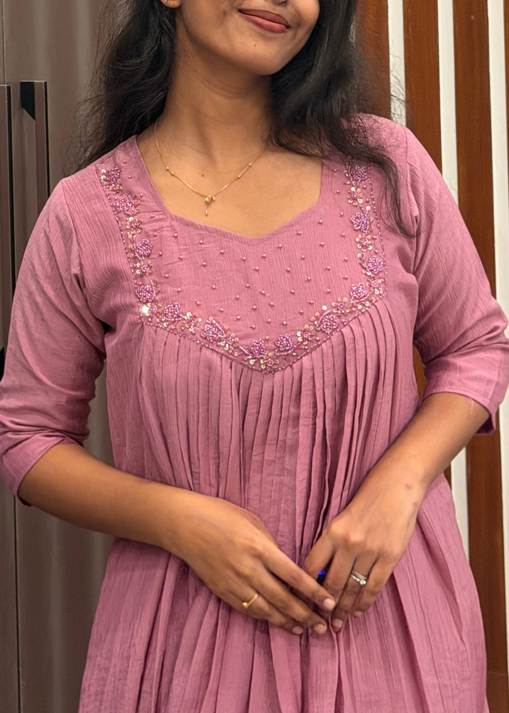 Onion pink mull chanderi handwork aline top