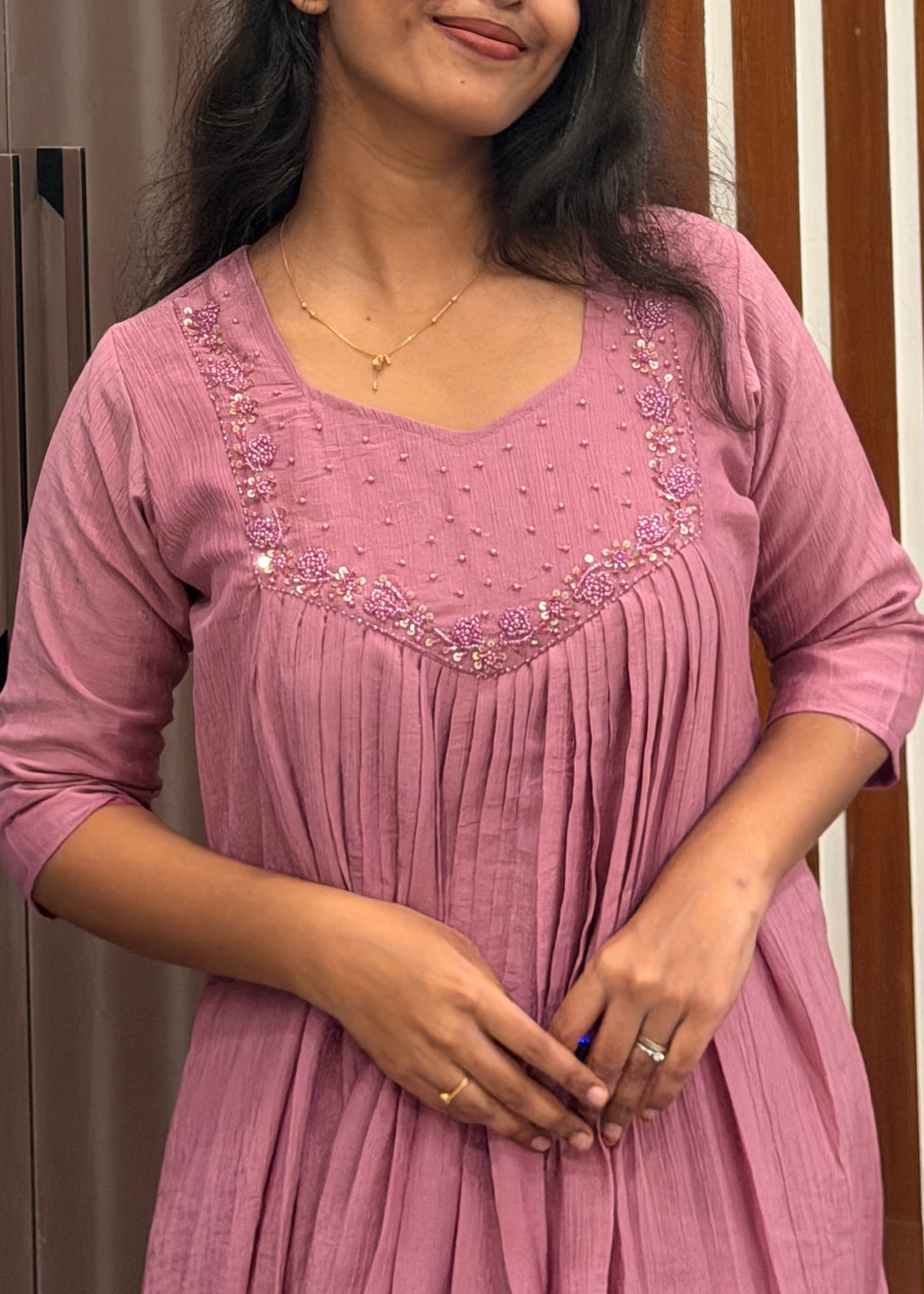 Onion pink mull chanderi handwork aline top