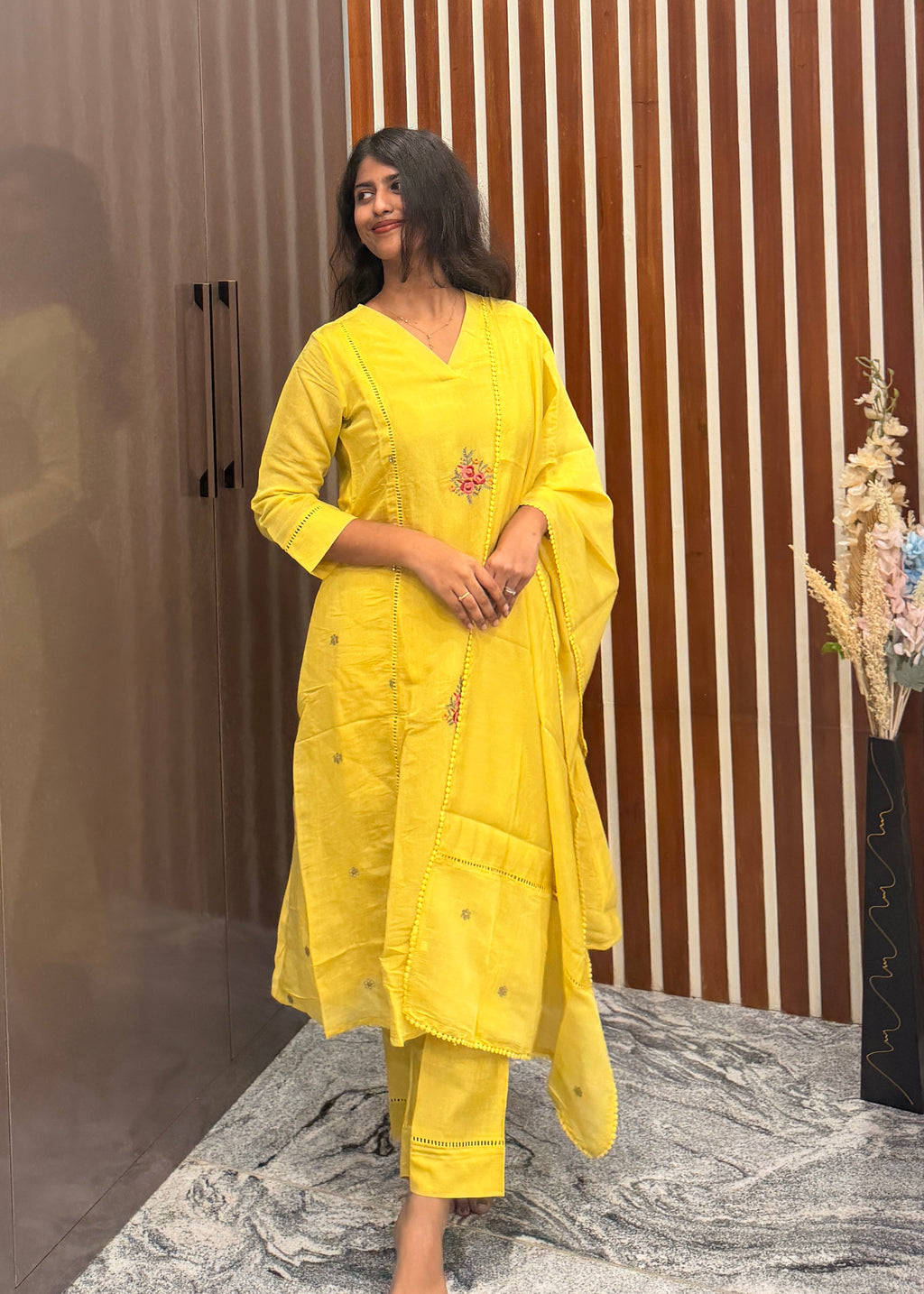 Butter yellow Mulchanderi Hand Embroidery Threadwork 3-Piece Set