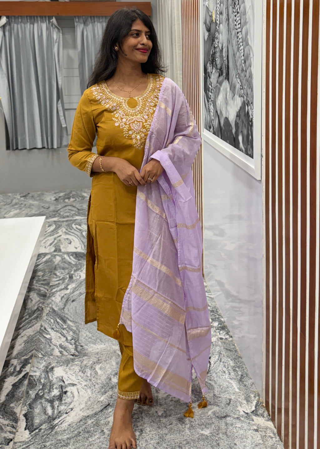 Mustard Glow Yellow Kurta Set with Lilac Dupatta